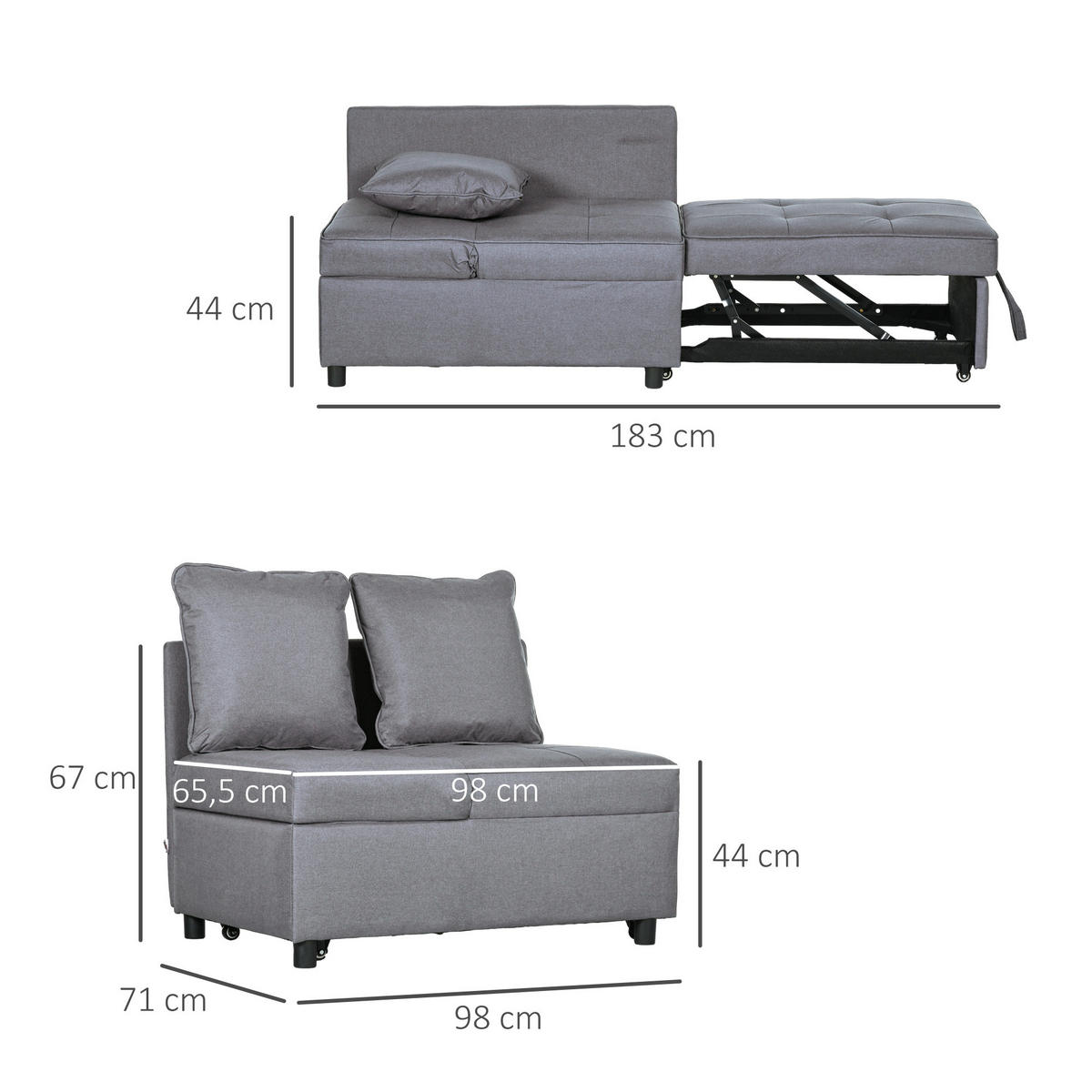 SCHLAFSESSEL 3-in-1 Ausziehbares 2 Sitzer Schlafsofa mit Bettfunktion Dunkelgrau - Dunkelgrau, Kunststoff (71/67/98cm) - HOMCOM