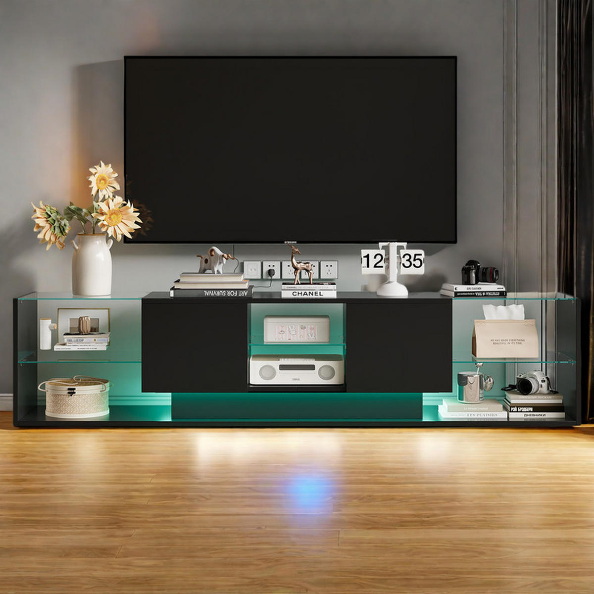 LOWBOARD, 200 x 35 x 45 cm LED Highlights mit Offenen Stauraum und 2 Schubladen, Glastrennwand, MDF - Schwarz, Glas (35/45/200cm) - WoodenAura