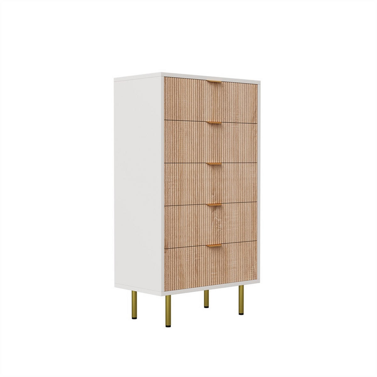 KOMMODE mit 5 Schubladen - vertikale Rillen und goldene Metallbeine - Naturholz und Weiß - Eichefarben, Holzwerkstoff (60/109.8/34cm) - DELFA