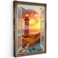 LEINWANDBILD Aussicht - Fenster - Leuchtturm - Sonnenuntergang - Strand 90x140 cm - Dunkelorange, Textil (90/140cm) - MuchoWow
