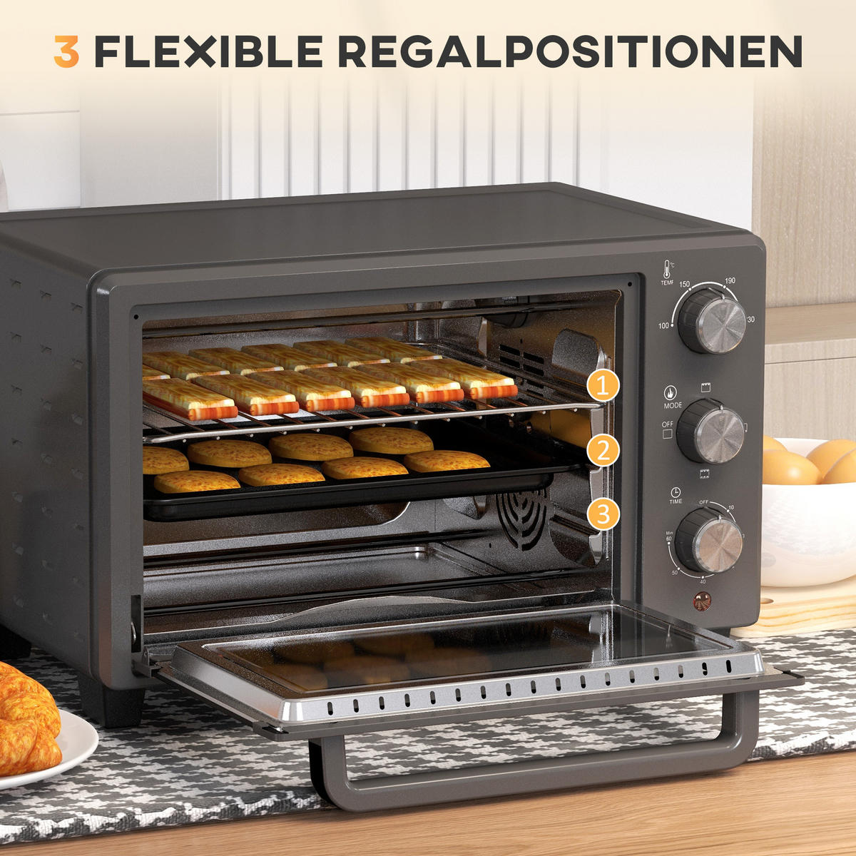 MINIBACKOFEN 21L 1400W Mini Ofen mit Backblech & Grillrost, 60 Min. Timer, Temperatur 100-230°C, Edelstahl, Grau - Grau, Metall (46/28.5/38cm) - Beaface