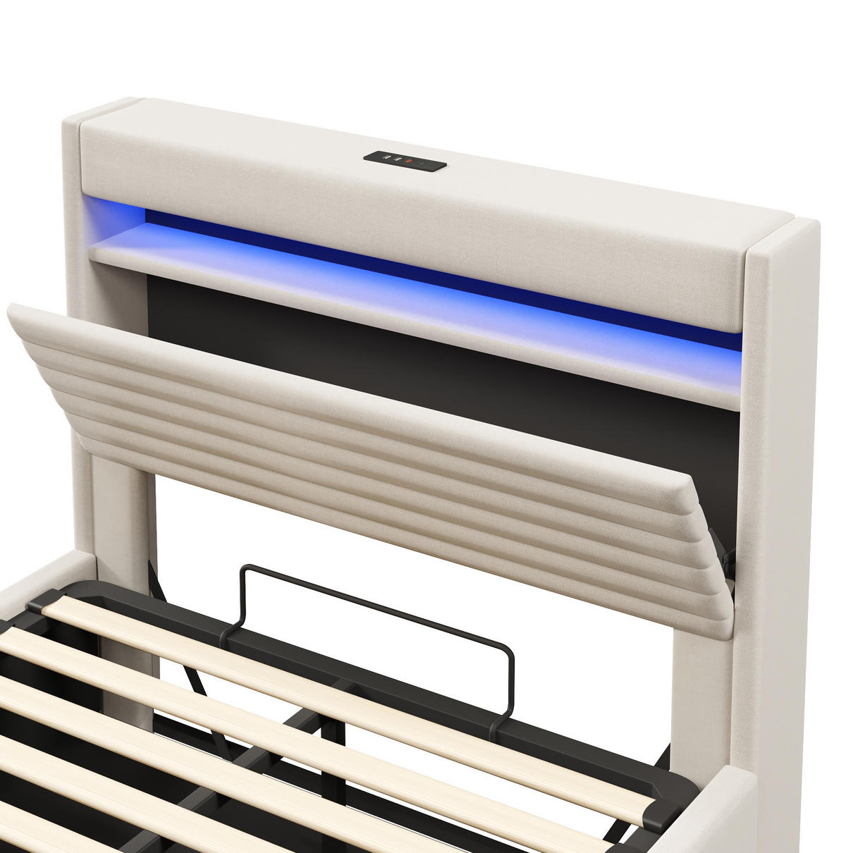 POLSTERBETT 140/200 cm mit LED-Beleuchtung, USB- und Typ-C-Anschluss, hydraulischem Stauraum und Leinenbezug, Beige - Beige, Textil (140/200cm) - Redom