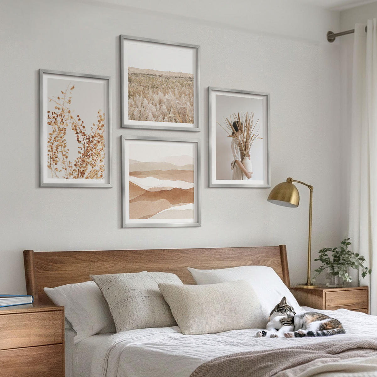 BILDER SET 4er Set - 50x50 cm & 40x60 cm Silberner Rahmen - Pflanzenmotive im Boho-Stil - Silberfarben, Kunststoff (50/50cm) - TULUP