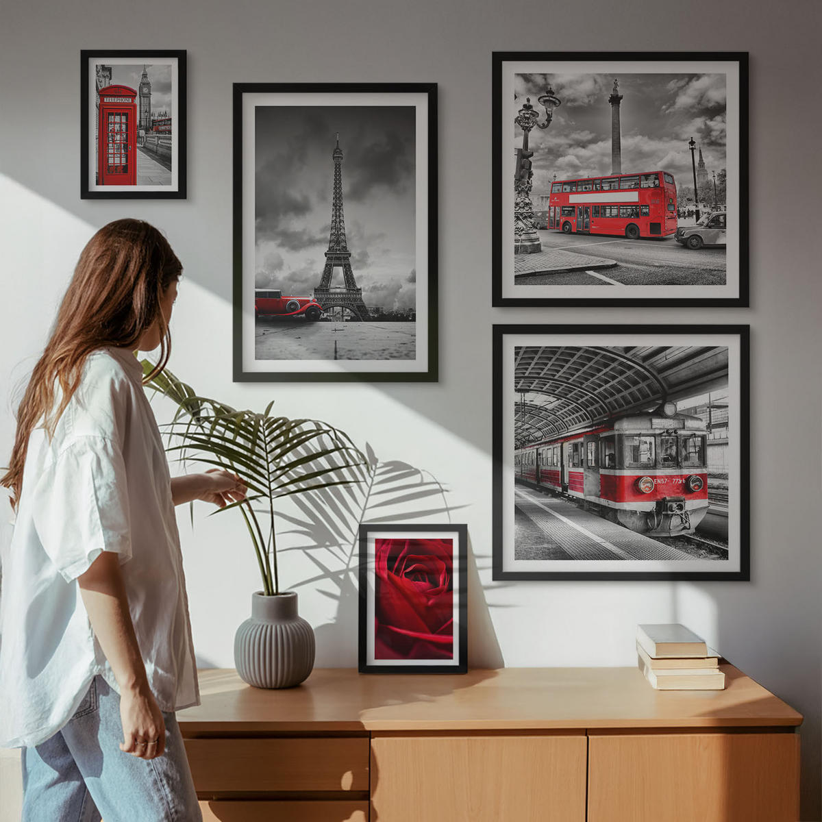 BILDER SET 5er Set - 50x50 cm & 20x30 cm & 40x60 cm Schwarzer Rahmen - Ikonische Städte London Paris Eisenbahn - Schwarz, Kunststoff (40/60cm) - TULUP