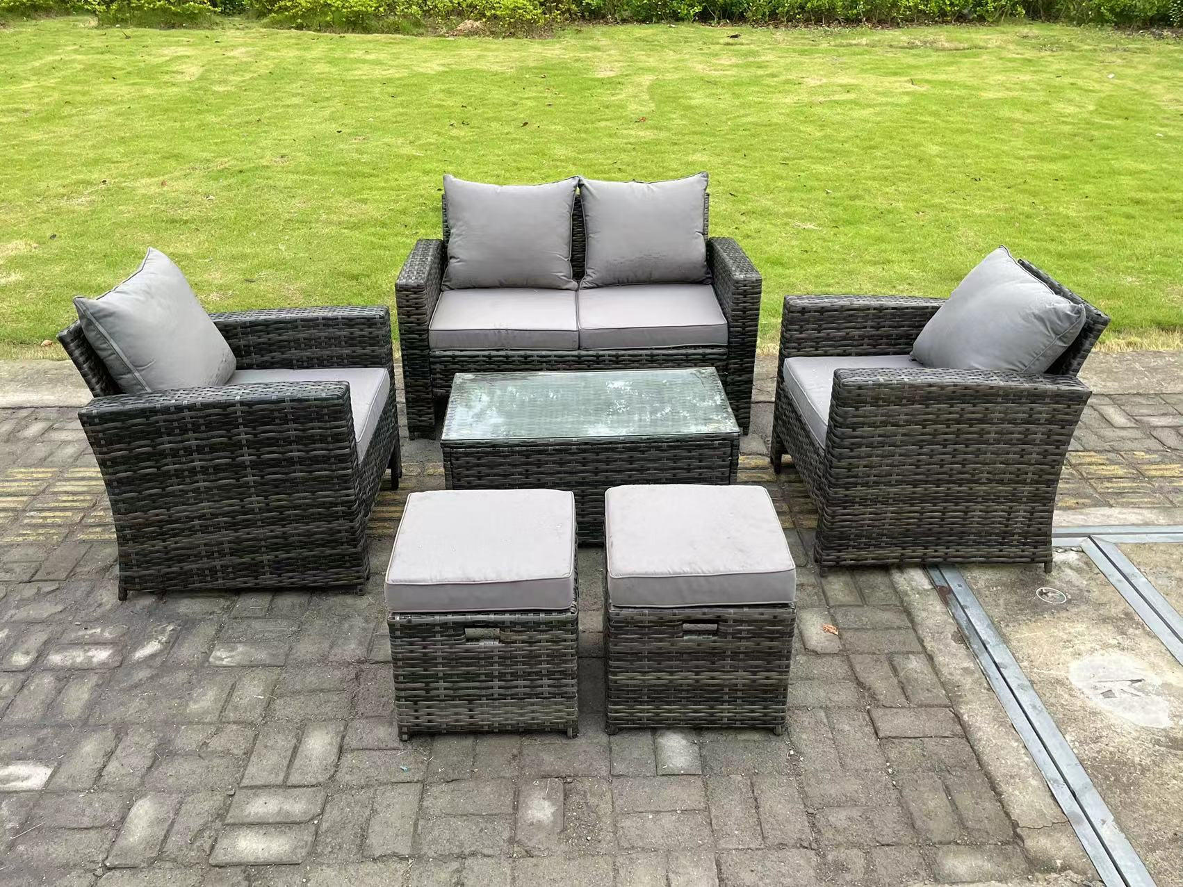 GARTENMÖBEL-SET Polyrattan Dunkelgrau 6-Sitzer - Dunkelgrau, Metall - Fimous