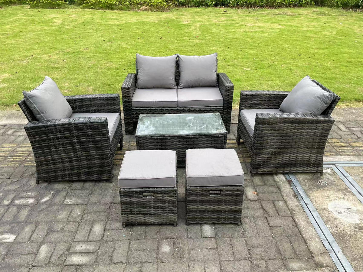 GARTENMÖBEL-SET Polyrattan Dunkelgrau 6-Sitzer - Dunkelgrau, Metall - Fimous