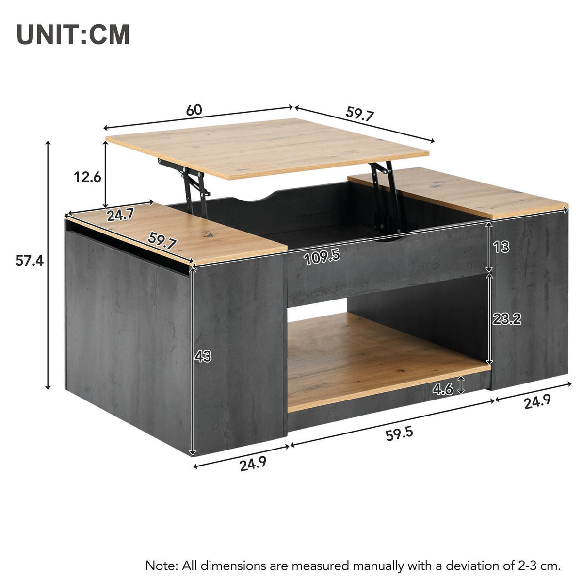 KLUBSKA miza, 109,5/59,7/43 cm, MDF siva/rjava, nastavljiva po višini s prostorom za shranjevanje - siva, leseni material (109.5/59.7/43cm) - BEAOK