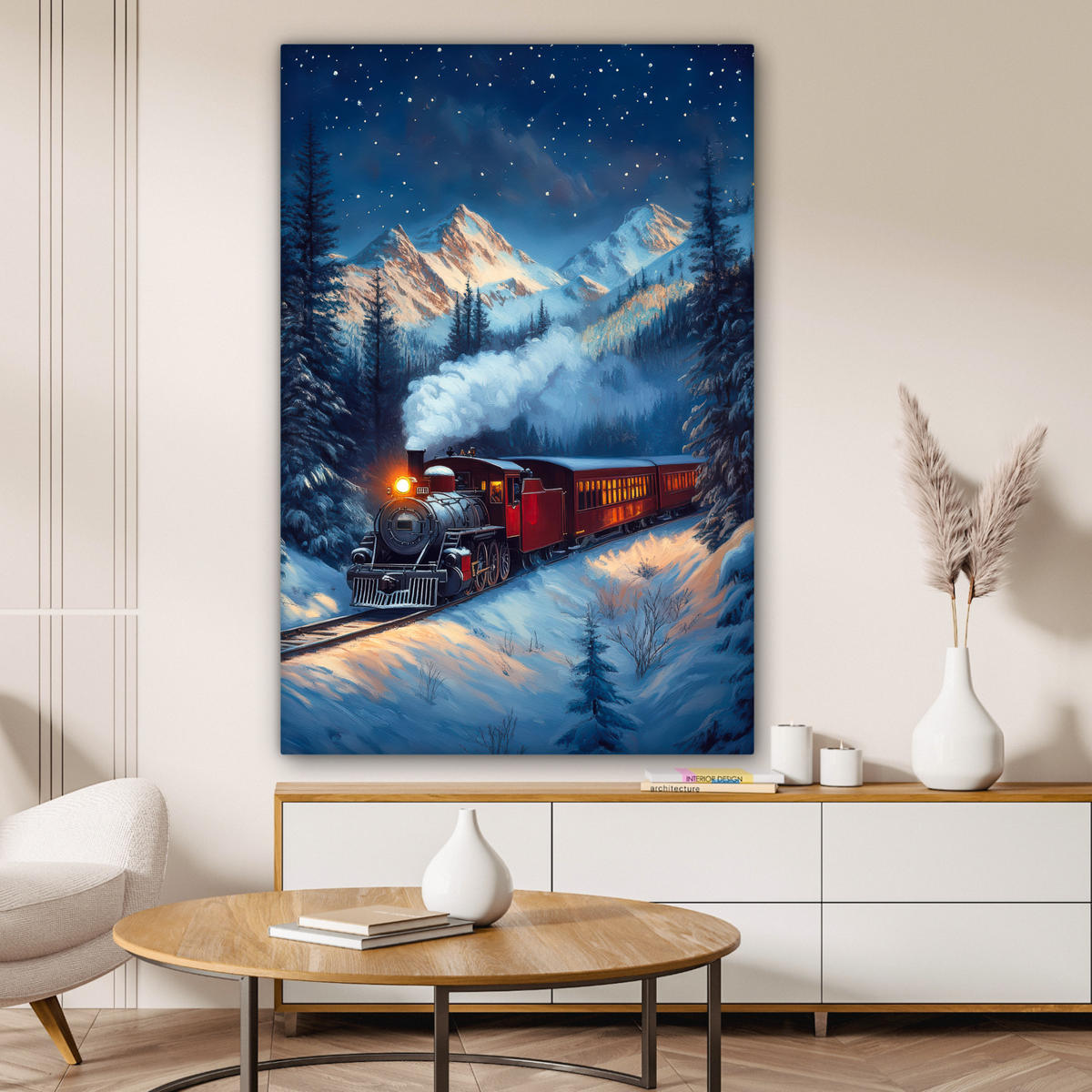 LEINWANDBILD Zug - Weihnachten - Schnee - Weihnachtszug Deko XXL 80x120 cm - Anthrazit, Textil (80/120cm) - MuchoWow