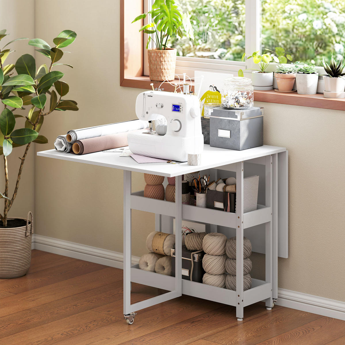 ESSTISCH Klappbar Küchentisch für 2-4 Personen mit 2 Offenen Ablagen, Rollen - Weiß, Holz (133.4/80/75cm) - HOMCOM