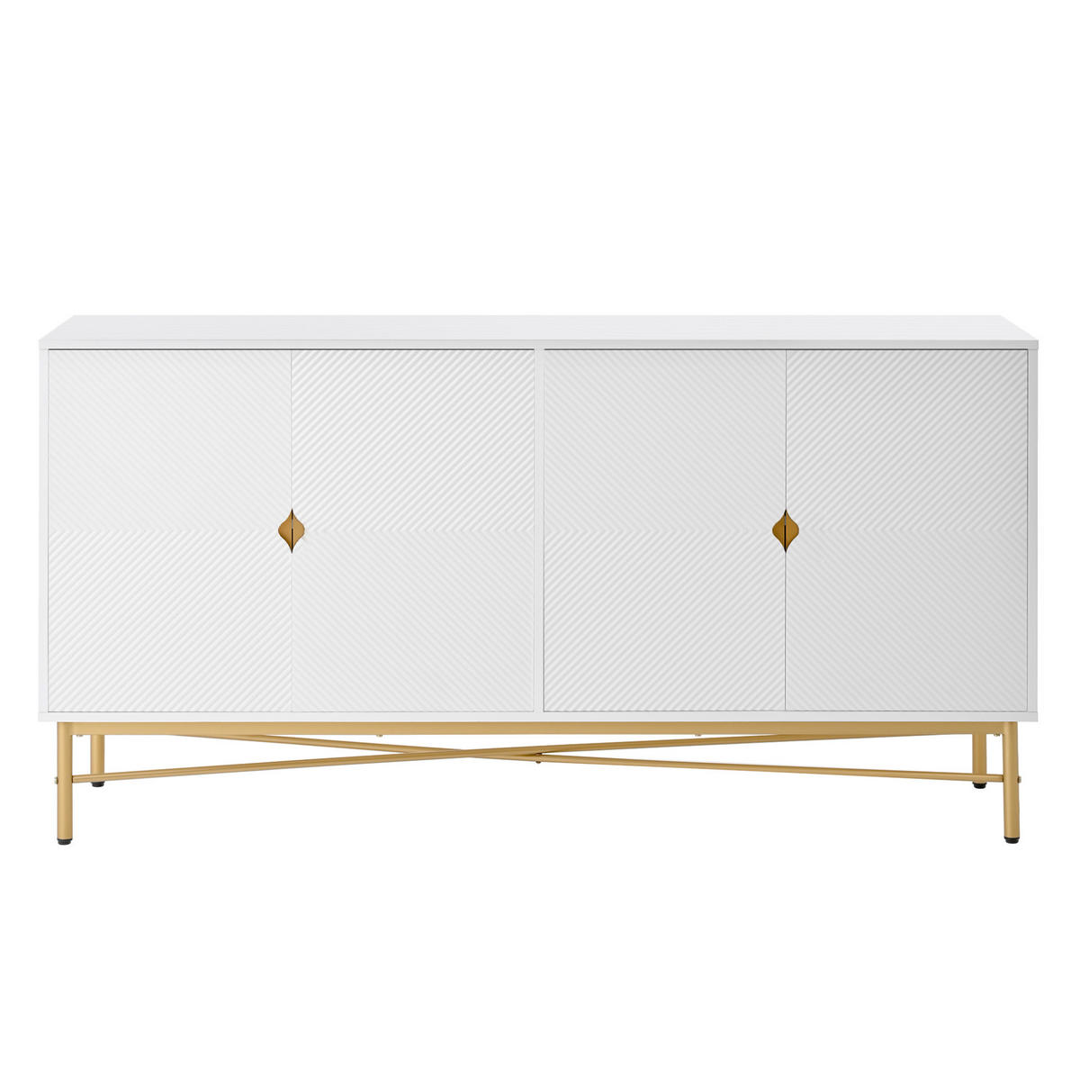 SIDEBOARD 160/40/82 cm mit 4 Türen in Weiß mit Strukturfronten & goldfarbenen Details - Weiß, Holzwerkstoff (160/82/40cm) - BEAOK