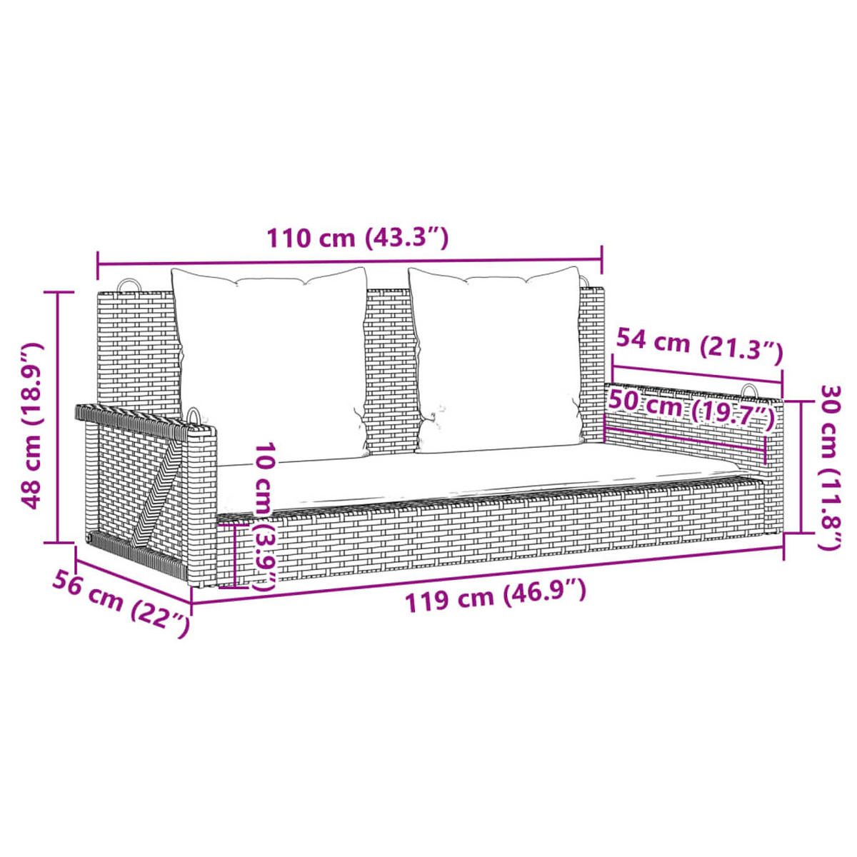 HÄNGEBANK Mit Kissen Braun 119/56/48 Cm Poly Rattan - Creme, Kunststoff (56/48/119cm) - vidaXL