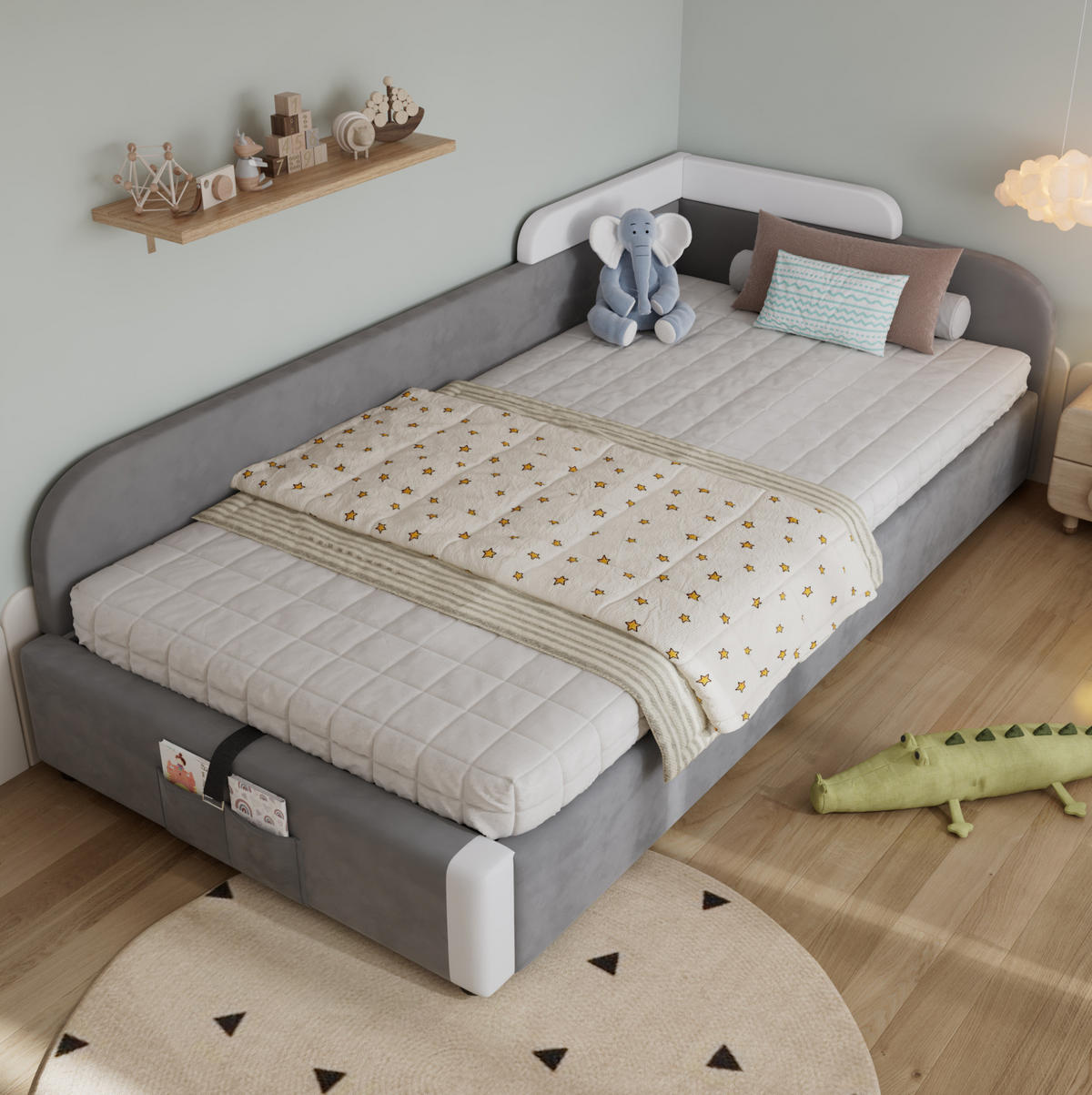 KINDERBETT 90/200 cm aus Samt mit Stauraum und erhöhtem weichem Zaun Weiß/Grau - Grau, Textil (90/200cm) - Modenvie
