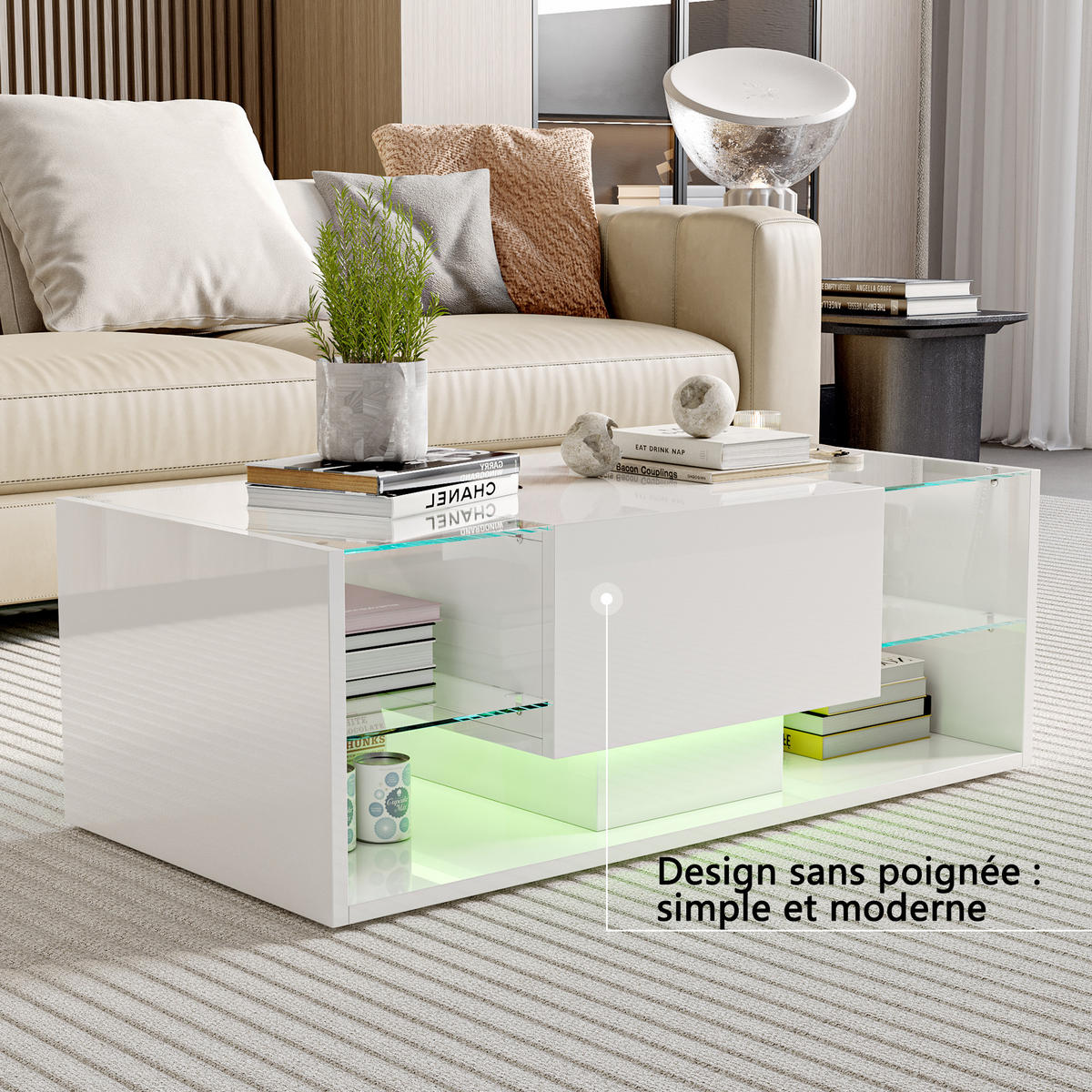 COUCHTISCH LED 100x50x35 cm Glas Hochglanz weiß - Weiß, Holz (50/100/35cm) - LEBENLANG