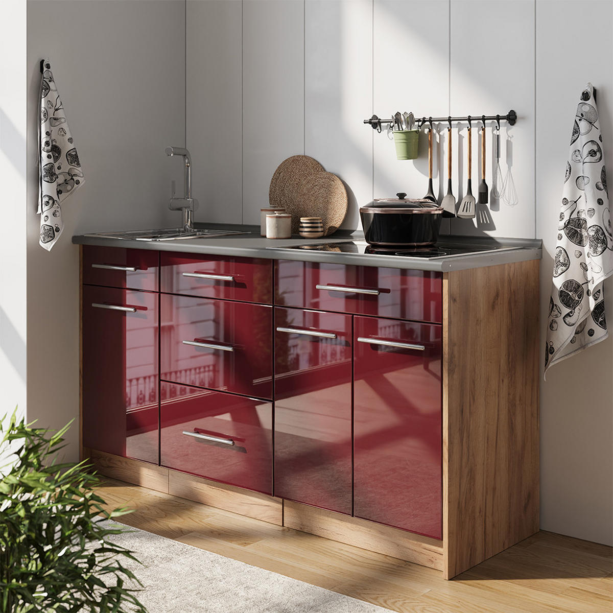 KUCHYNSKÝ BLOK Fame-Line, Bordeaux vysoký lesk, 150 cm, AP Oak - bordová/dub medový, kompozitné drevo (150/82/60cm) - Vicco