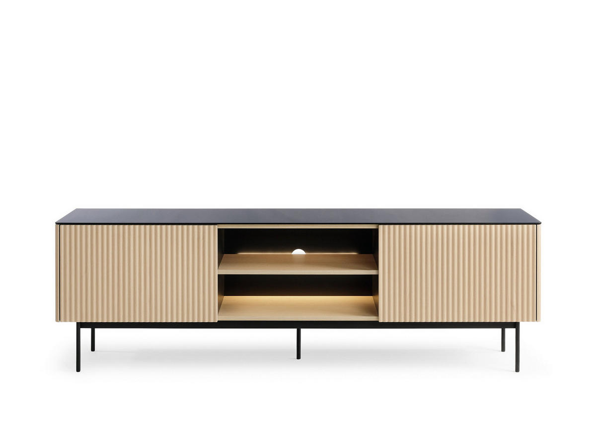 TV-LOWBOARD DIJON RTV180 180 cm (Vicenza Eiche, Antisol-Glasplatte, LED) - Eichefarben/Schwarz, Glas/Holz (180/57/39cm) - Ravio