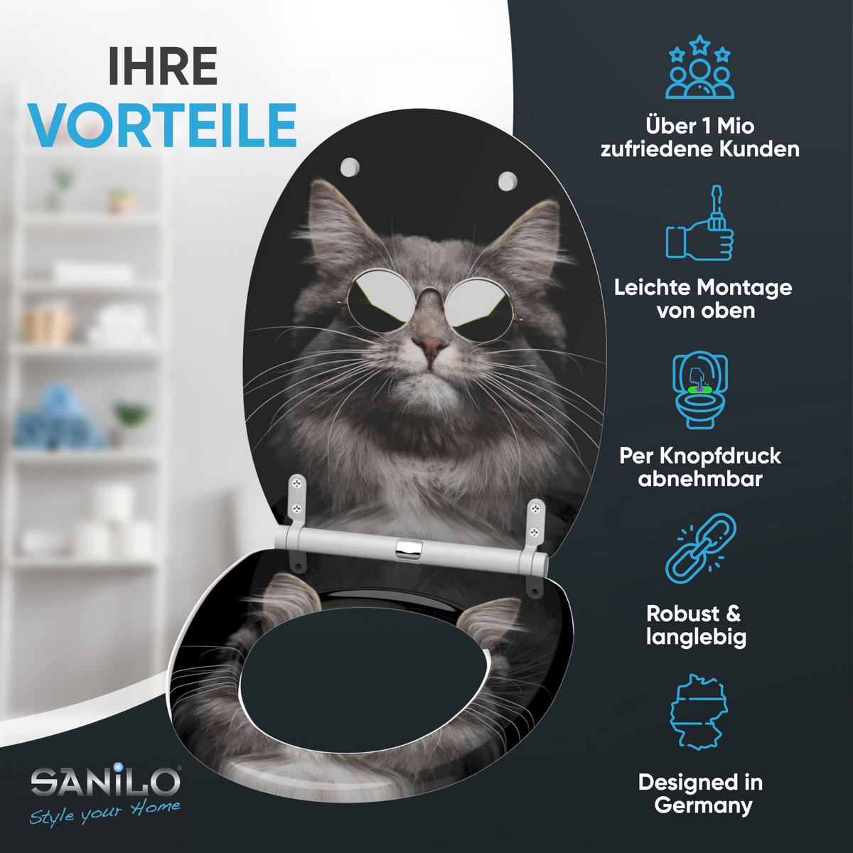 WC-SITZ mit Absenkautomatik & Top Fix Cool Cat - Schwarz, Holzwerkstoff (37.7/5.5/48cm) - Sanilo