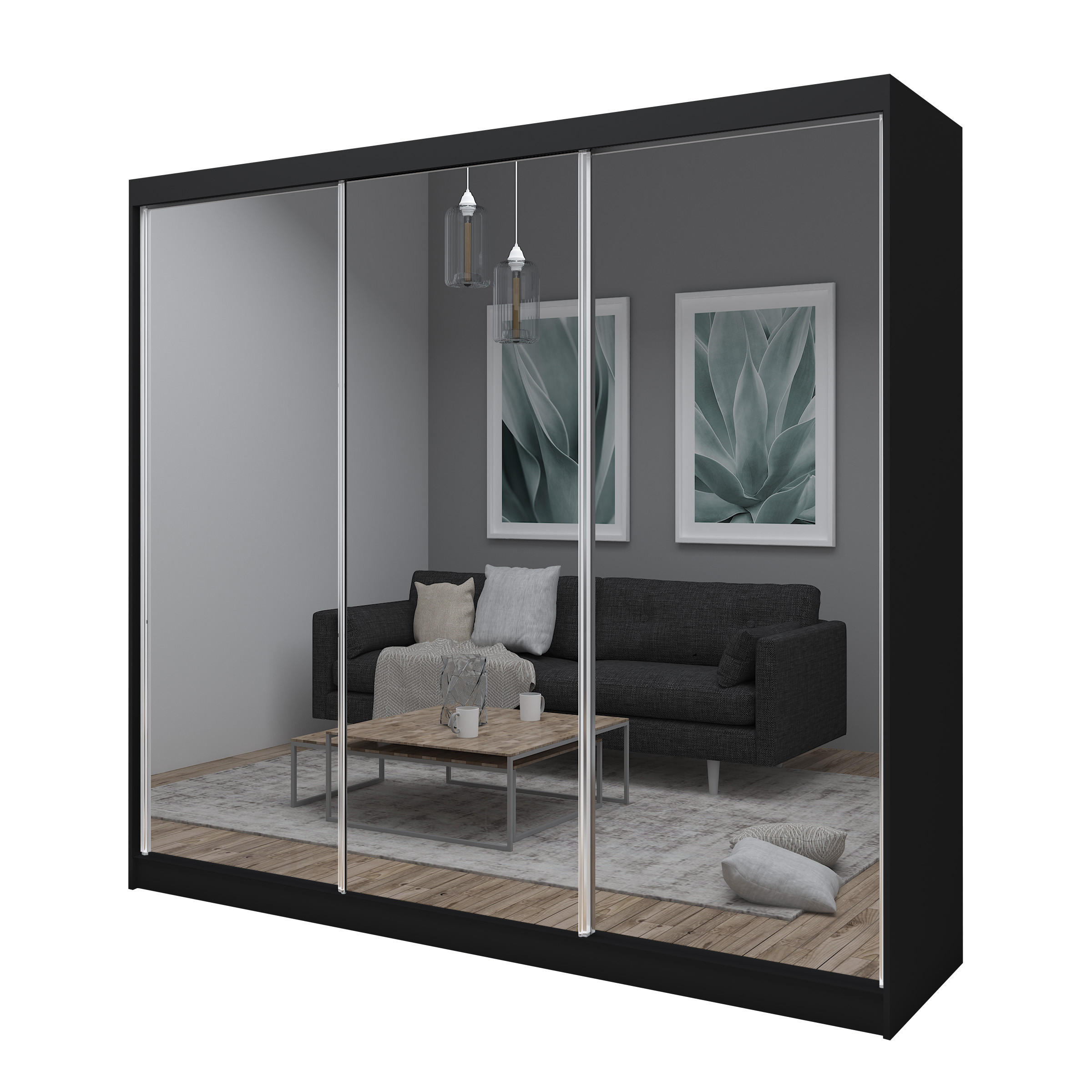 SCHWEBETÜRENSCHRANK BELLINA 240/216/61 cm 3-türig mit Spiegel Schwarz - Schwarz, Holzwerkstoff (240/216/61cm) - MASSENO