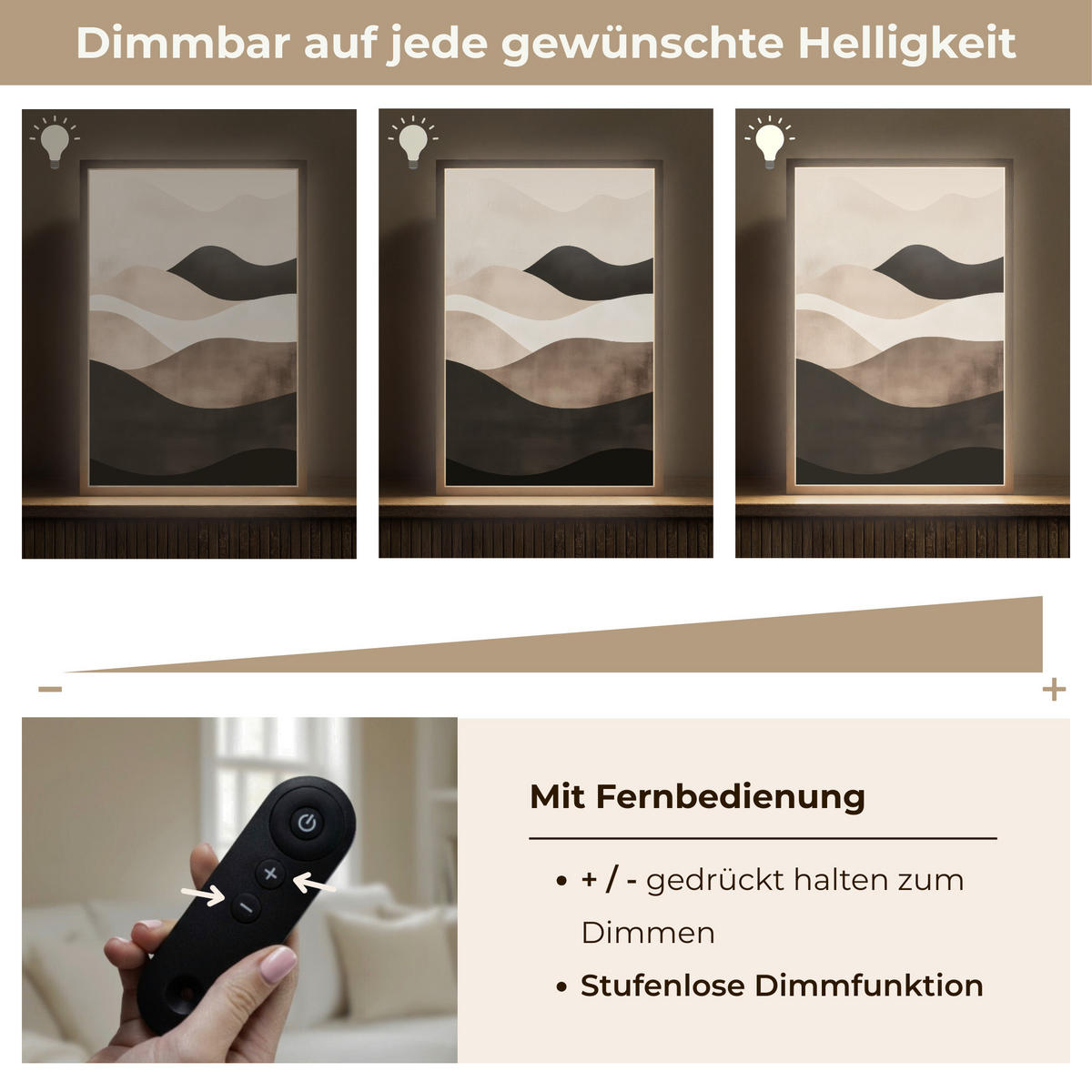 NÁSTĚNNÁ LAMPA S AKUMULÁTOREM Abstraktní - Krajina - Vlny - Krémová barva 40x60 cm - šedohnědá, kompozitní dřevo (40/60/8cm) - OnlyWow