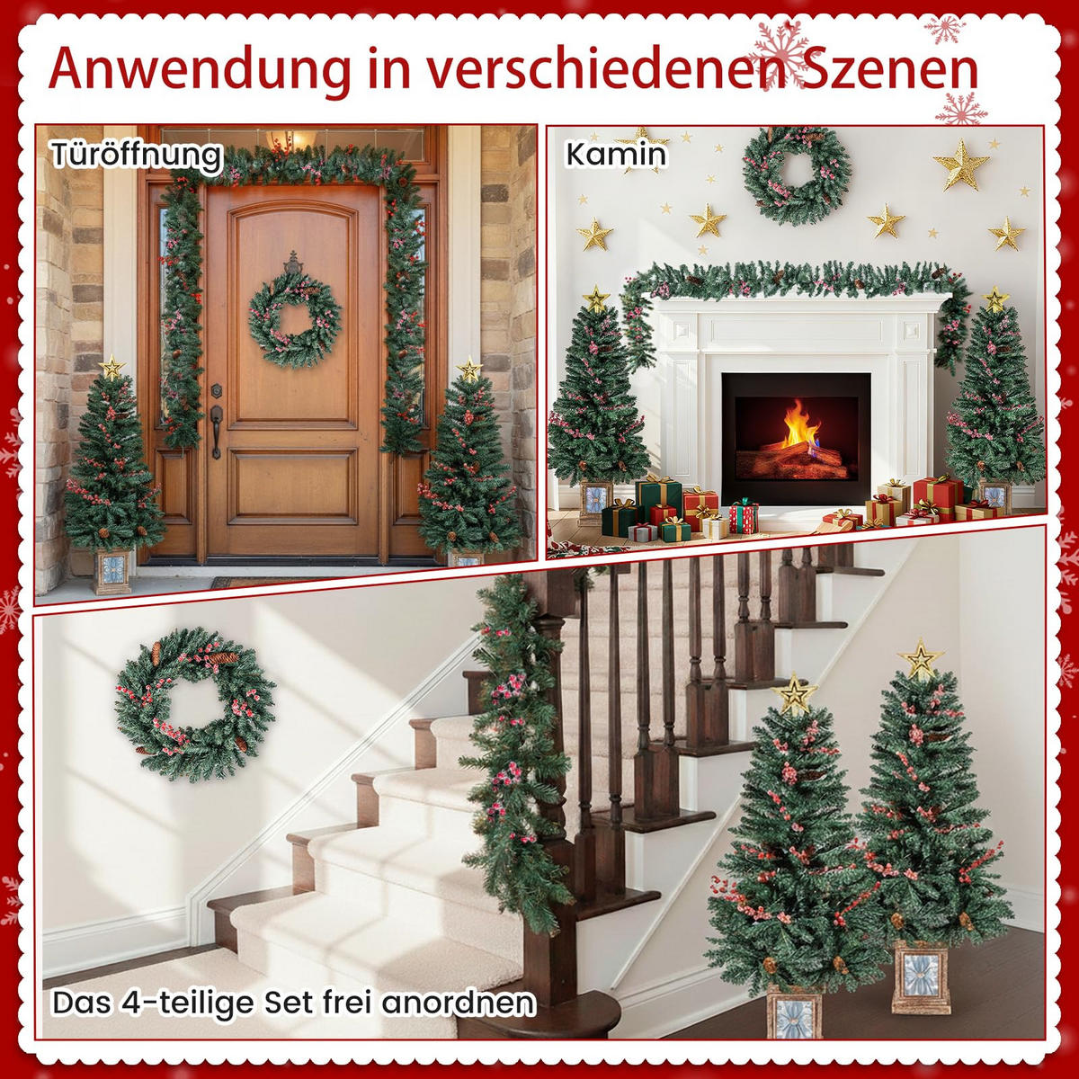 WEIHNACHTSBAUM Mini Tannenform mit Weihnachtsgirlande und Weihnachtskranz 120 cm grün(4-tlg) - Grün, Metall (120cm) - COSTWAY
