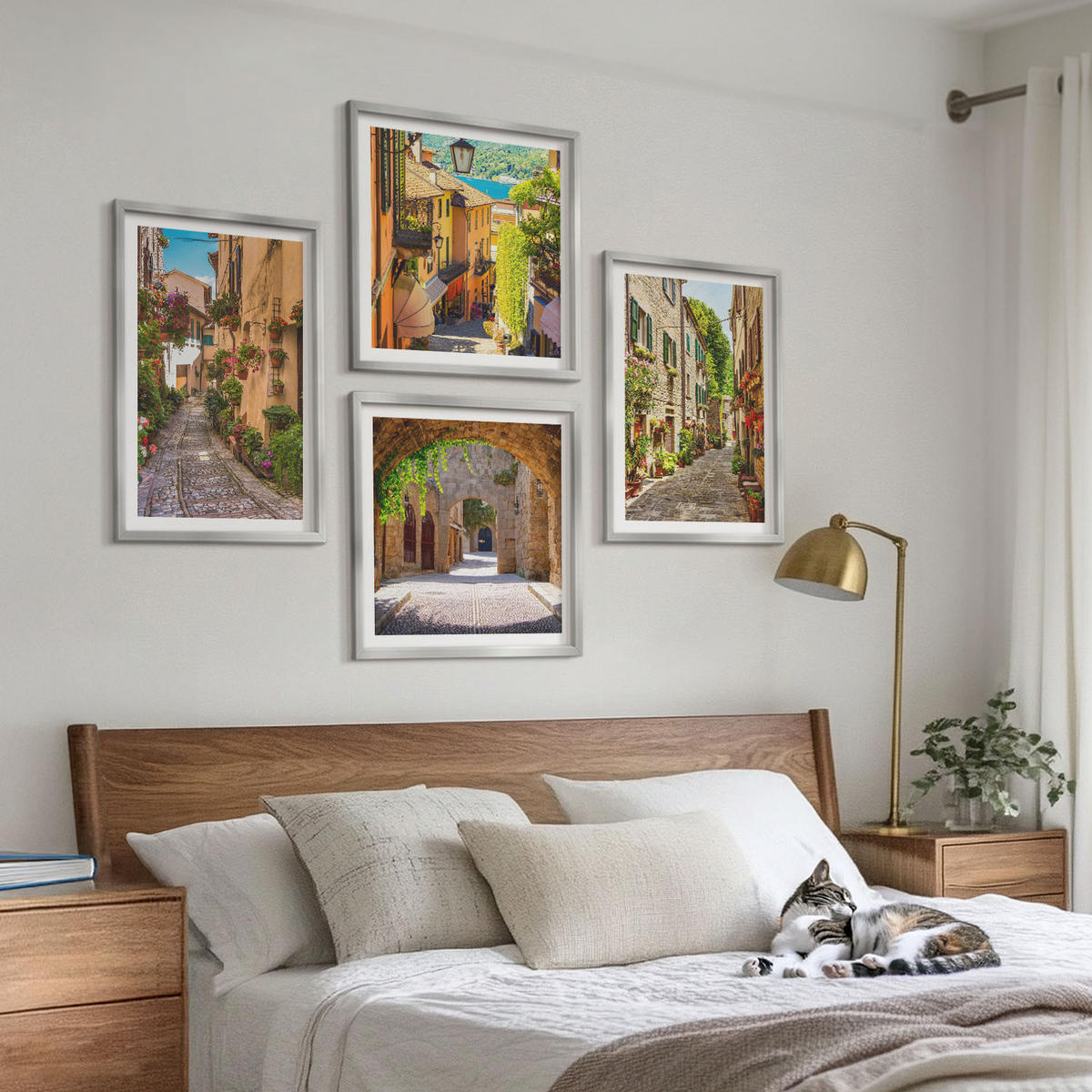 WANDBILDER 4er Set - 50x50 cm & 40x60 cm Silberner Rahmen - Italienische Straßen, Blumen, Architektur - Silberfarben, Kunststoff (50/50cm) - ArtPrintCave