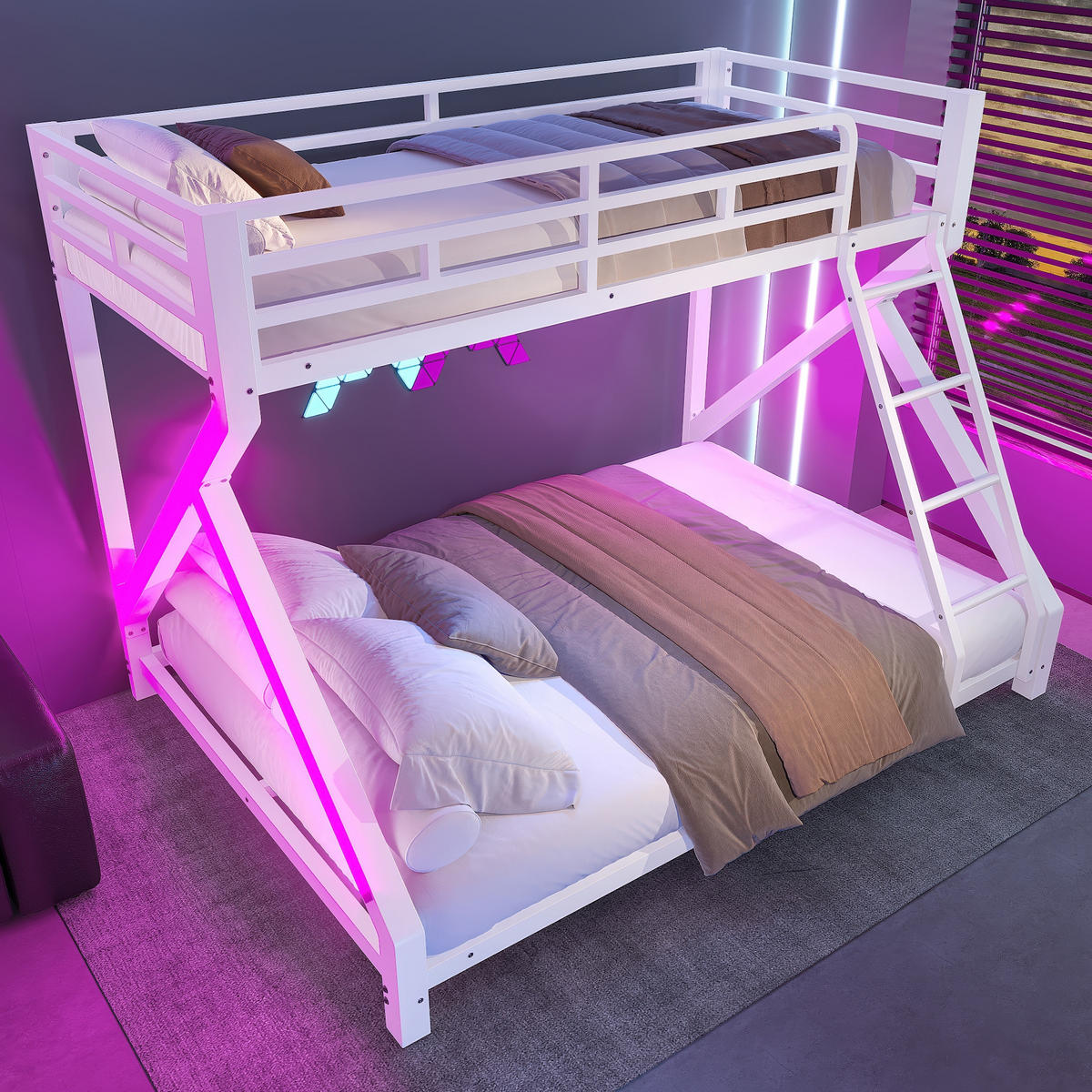 ETAGENBETT 90/200 cm & 140/200 cm in Weiß mit LED, Sicherheitsgeländer und Leiter - Weiß, Metall (90/200cm) - STILVORA