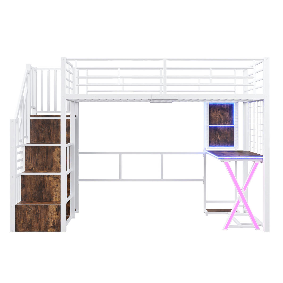 HOCHBETT 90/200 cm mit LED-Beleuchtung, Ablageleiter, Schreibtisch, Kleiderschrank und Regalen, Metall/MDF, Weiß - Weiß, Metall (90/200cm) - Redom
