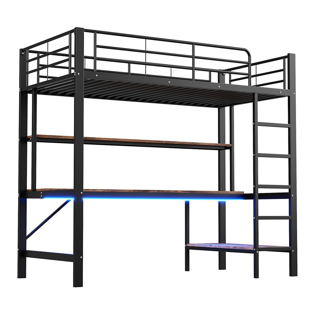 HOCHBETT 90x200cm Schwarz Metall LED-Licht Schreibtisch USB - Schwarz, Metall (90/200cm) - FLIEKS