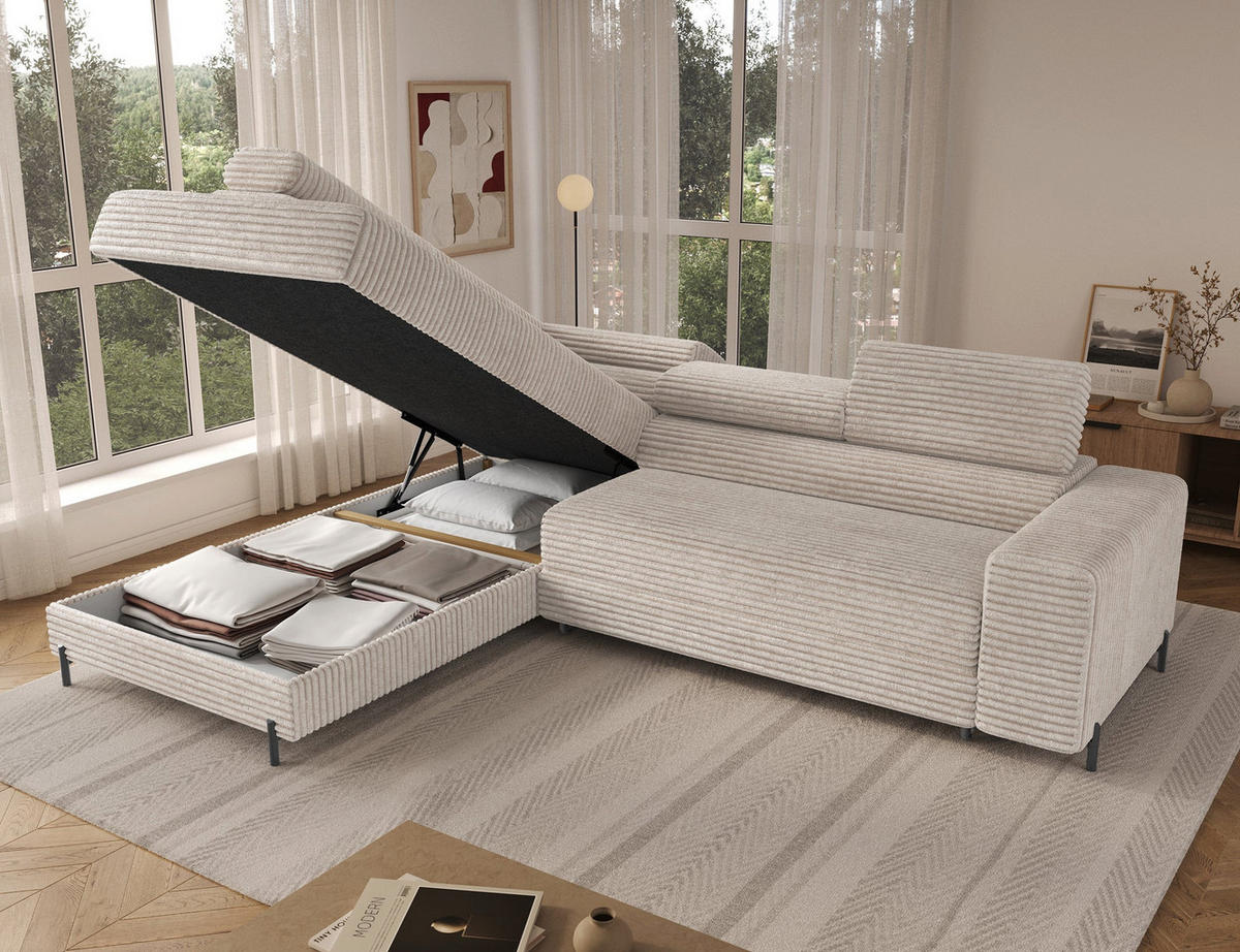 ECKSOFA COLESIO L-Form, Schlaffunktion, Bettkasten, verstellbare Kopfstützen, Wellenfederung, Metallfüße, breiter Cordstoff - Schwarz/Weiß, Kunststoff/Metall (269/204cm) - Wohnideebilder