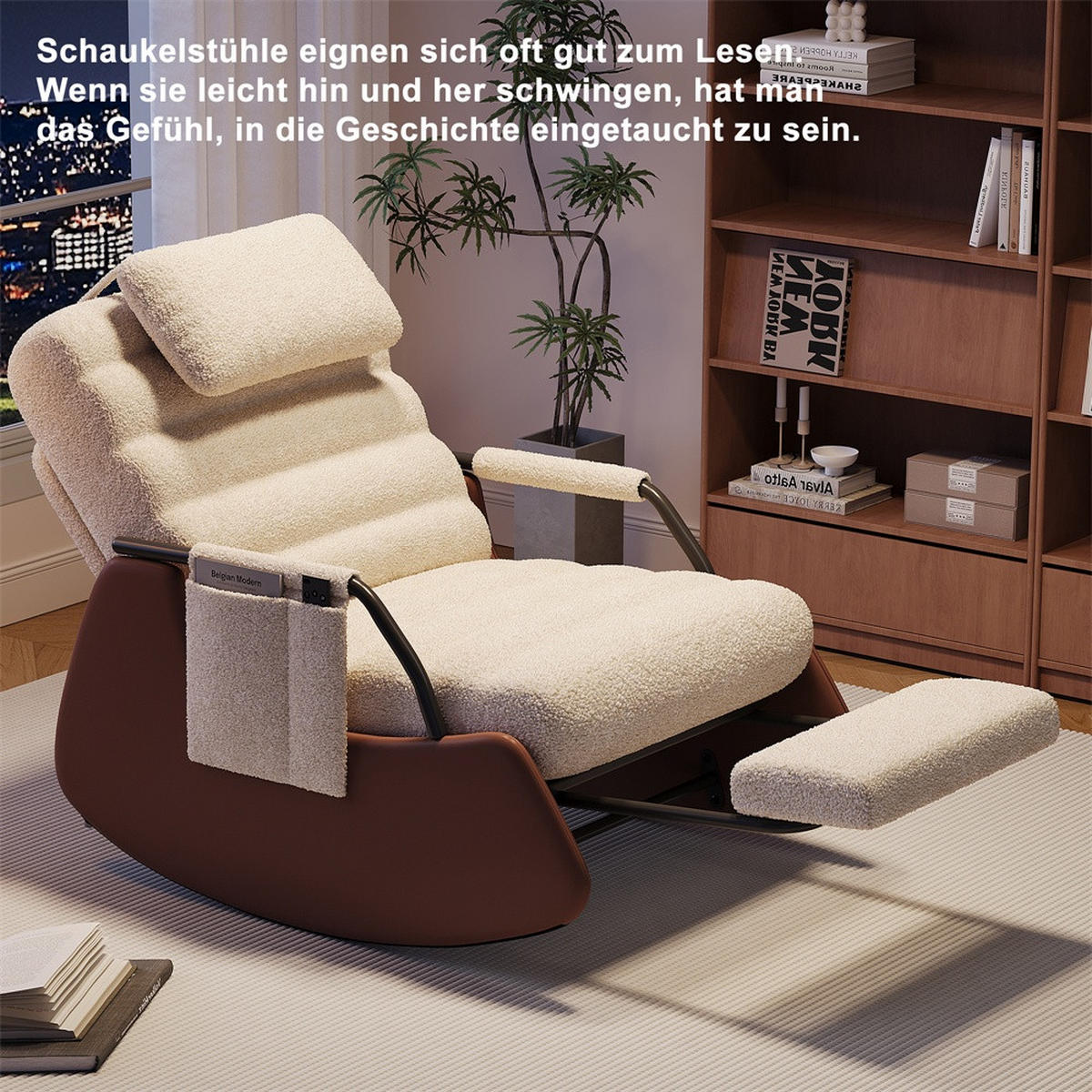 SCHAUKELSTUHL mit ausziehbarer Fußauflage und Kopfkissen - 3 stufig verstellbare Rückenlehne und Lammfell-Imitat - Beige - Beige, Textil (67/92/91.5cm) - DELFA