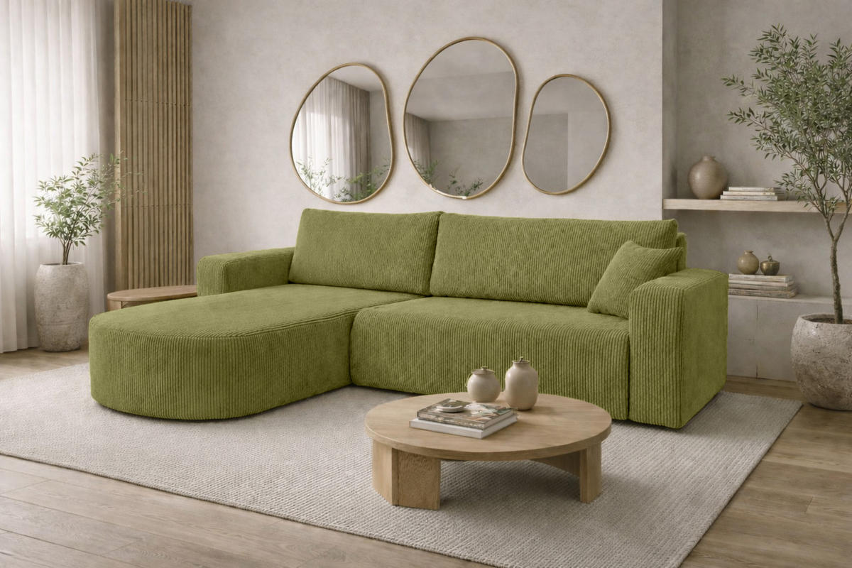 ECKSOFA Mit Schlaffunktion, Cordstoff Poso, Olive, Links, ROUND ONE XL - Olivgrün, Holz (271/175cm) - Kaiser Möbel