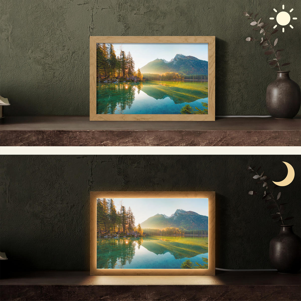 TISCHLEUCHTE See - Wald - Berge - Natur - Sonne - Landschaft 30x20 cm - Currygelb, Holzwerkstoff (8/30/20cm) - OnlyWow