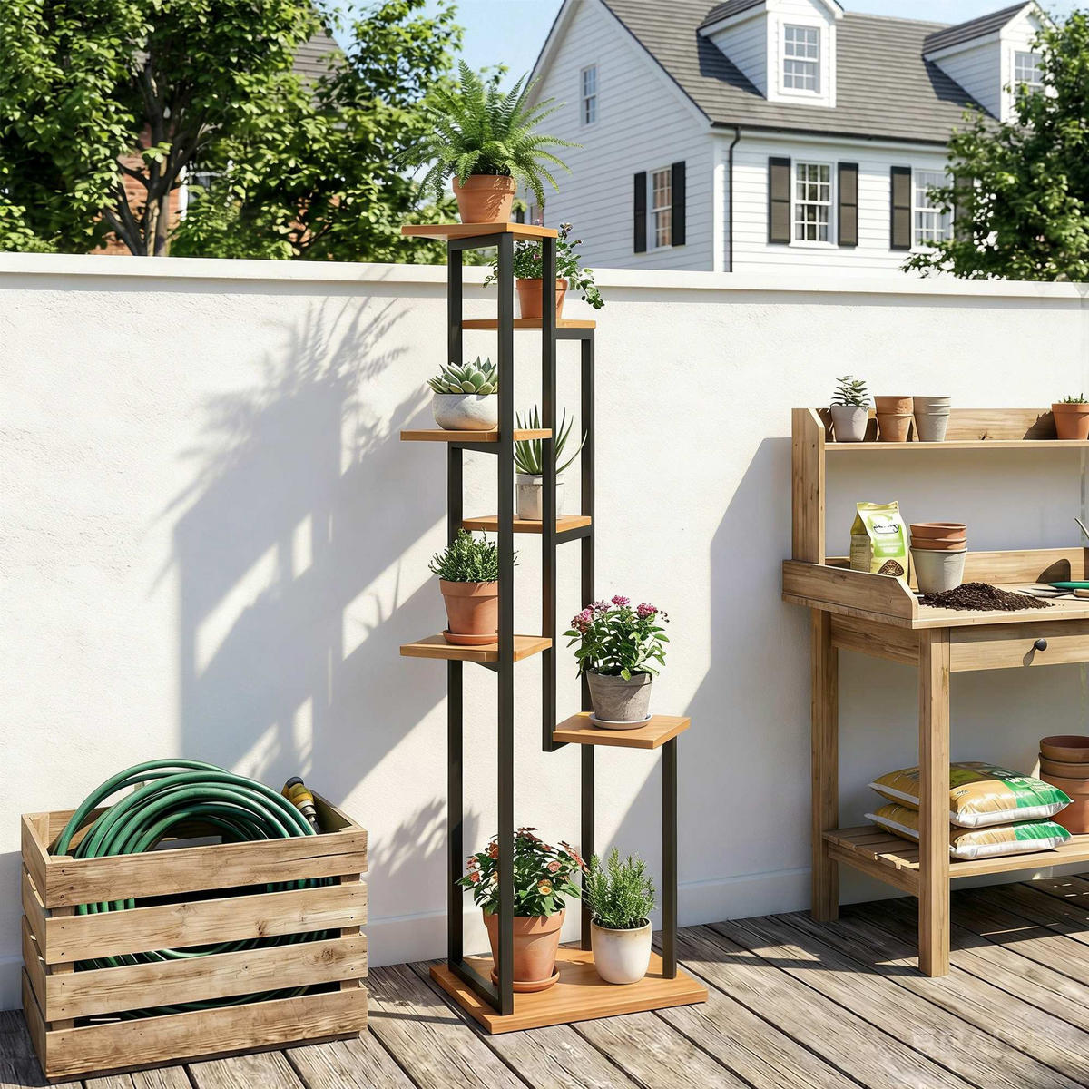 BLUMENSTÄNDER Stahl, Tannenholz Braun - Braun, Holz (44/130/56cm) - Outsunny