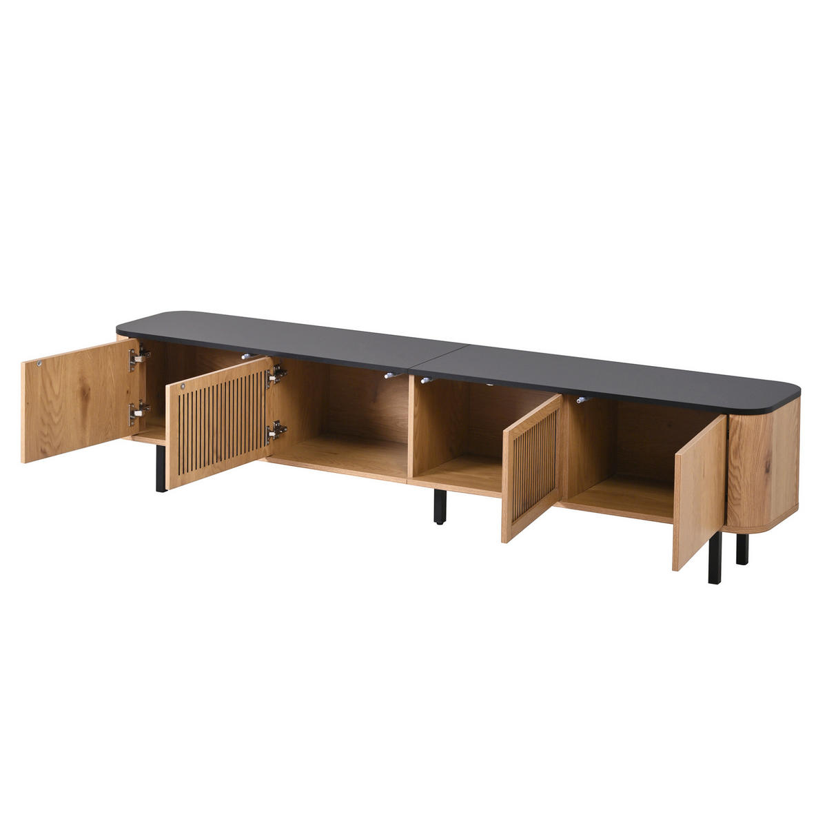 TV ormarić od MDF-a i iverice 190x35x45 cm hrast s rešetkastim vratima, pretincima i metalnim nogama - smeđa, drvni materijal (190/45/35cm) - Modfu