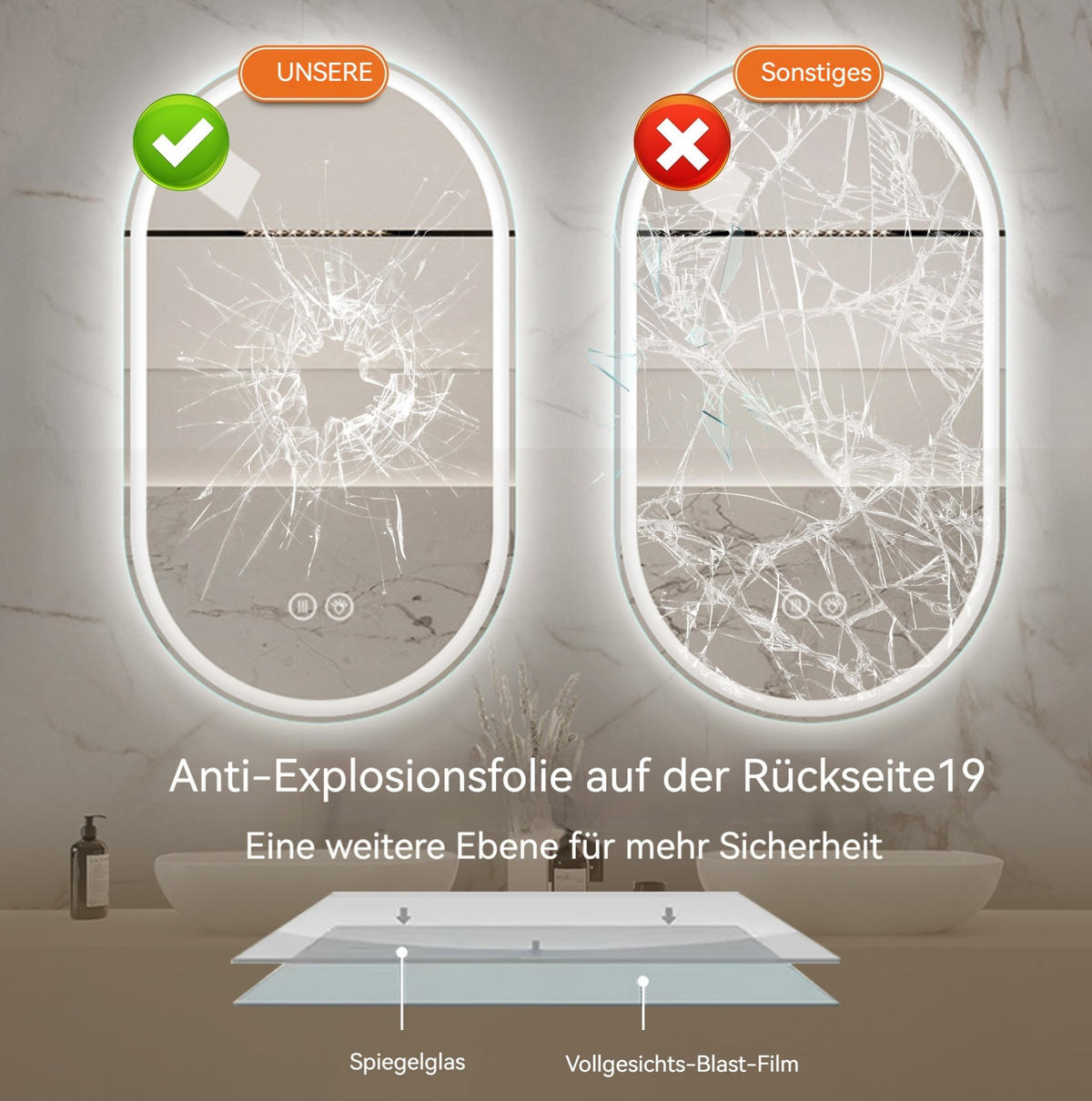 WANDSPIEGEL 60/3/90 cm silber aus Glas/Metall mit LED und Touch - Silberfarben, Holzwerkstoff (3/90/60cm) - OKWISH