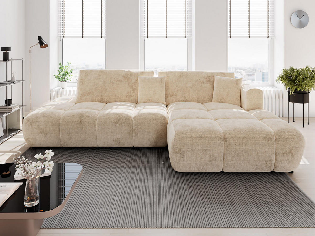 ECKSOFA BARI Rechts Dunkelgrau Chenille-Stoff L-Form Couch mit Schlaffunktion & Bettkasten - Dunkelgrau/Schwarz, Holz (280/170cm) - Barchello