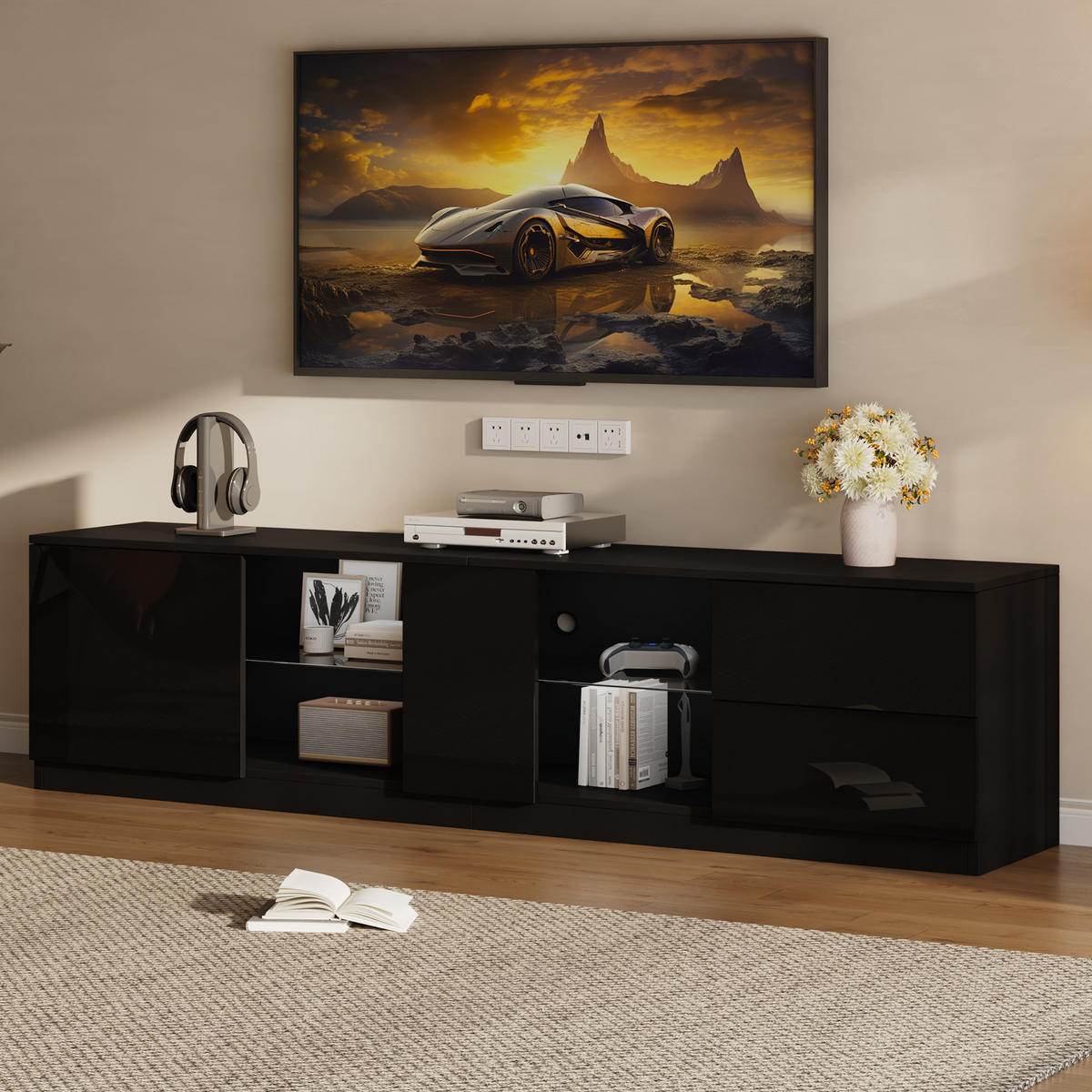 TV-LOWBOARD 160x40x52 cm Hochglanz Schwarz LED für 65" TV - Schwarz, Holzwerkstoff (40/52/160cm) - FLIEKS