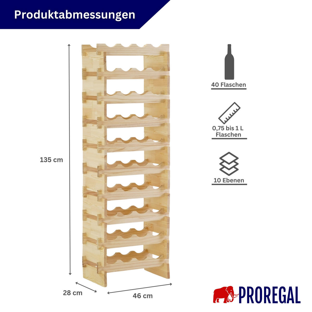WEINREGAL NAVARRA aus Holz 135x46x28cm 40 Flaschen auf 10 Ebenen Natur unbehandelt - Naturfarben, Holz (46/135/28cm) - PROREGAL