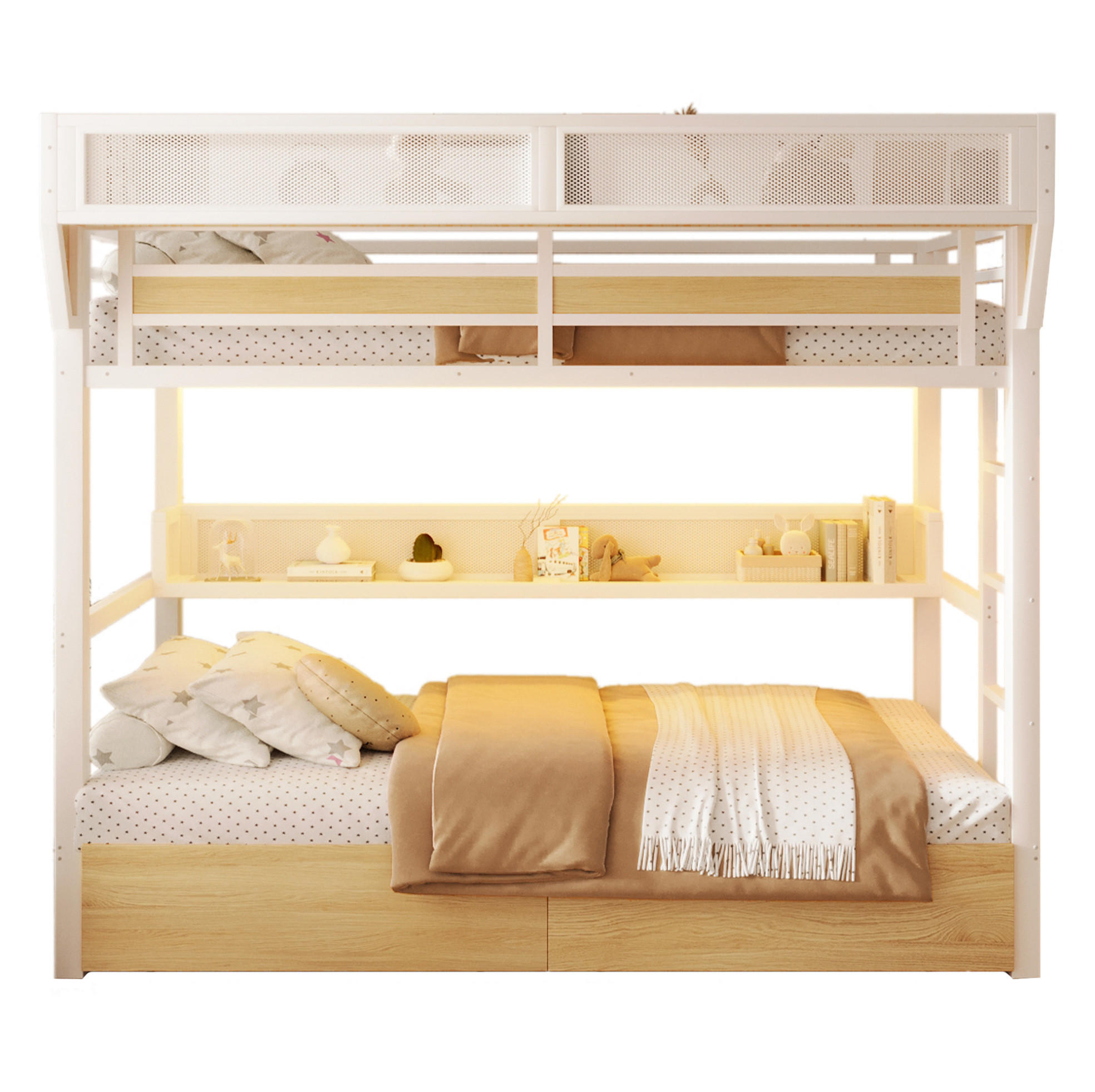 HOCHBETT aus Metall und MDF 90x200 cm Weiß mit 2 Schubladen, Regal, Aufbewahrungskorb und LED-Licht - Weiß, Holzwerkstoff (90/200cm) - Modfu