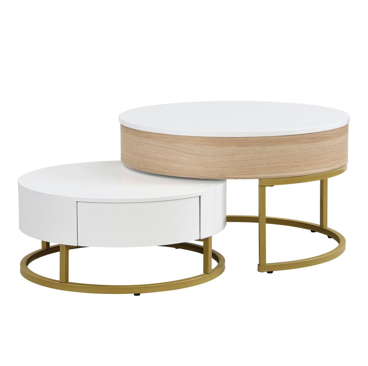 COUCHTISCH-SET 70/70/56 und 60/60/27 cm mit höhenverstellbarer Tischplatte und Schublade, Weiß/Gold - Weiß, Holzwerkstoff (70/70/56.5cm) - Redom