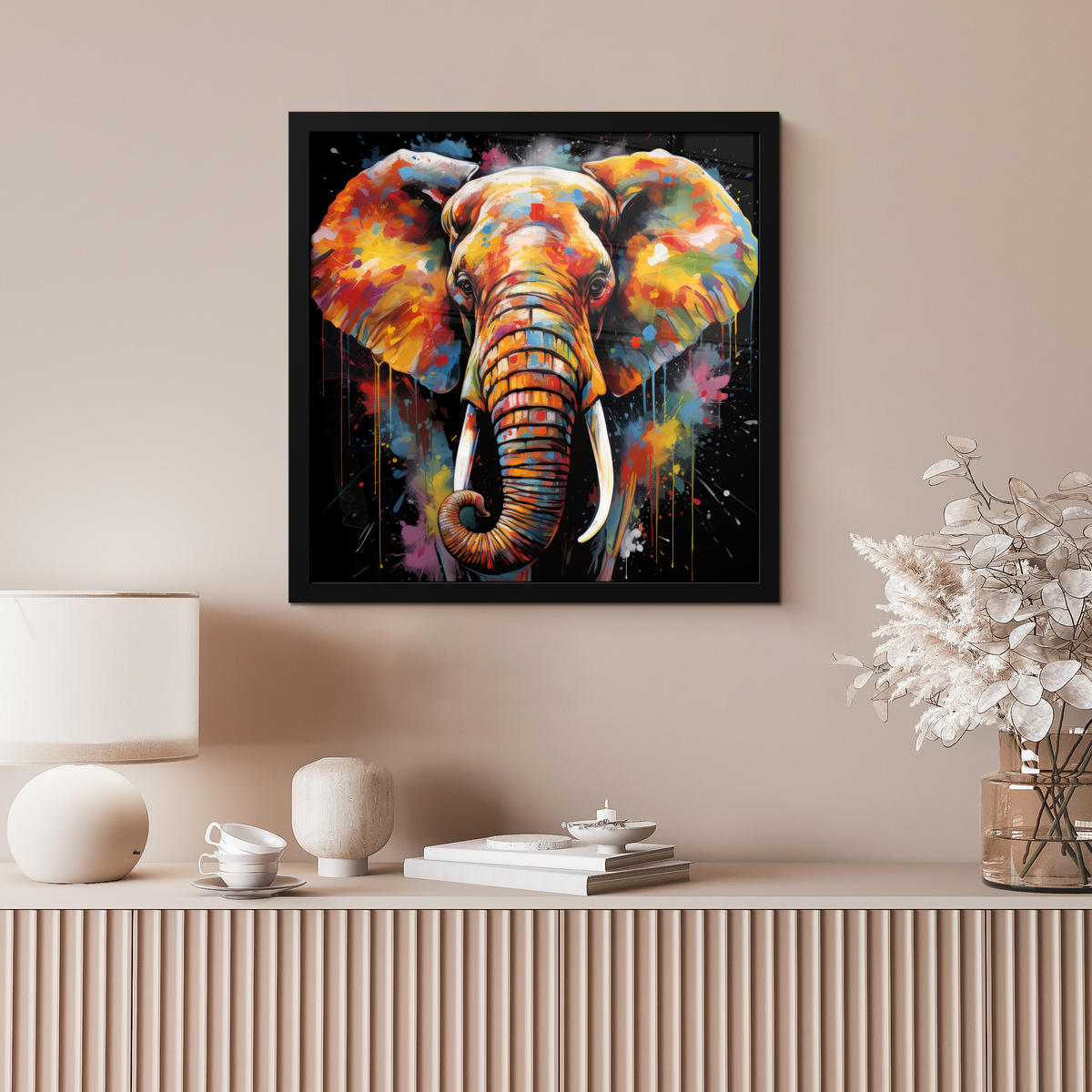 POSTER MIT RAHMEN Elefant - Graffiti - Schwarz - Tiere - Farben 40x40 cm - Schwarz, Papier (40/40cm) - MuchoWow