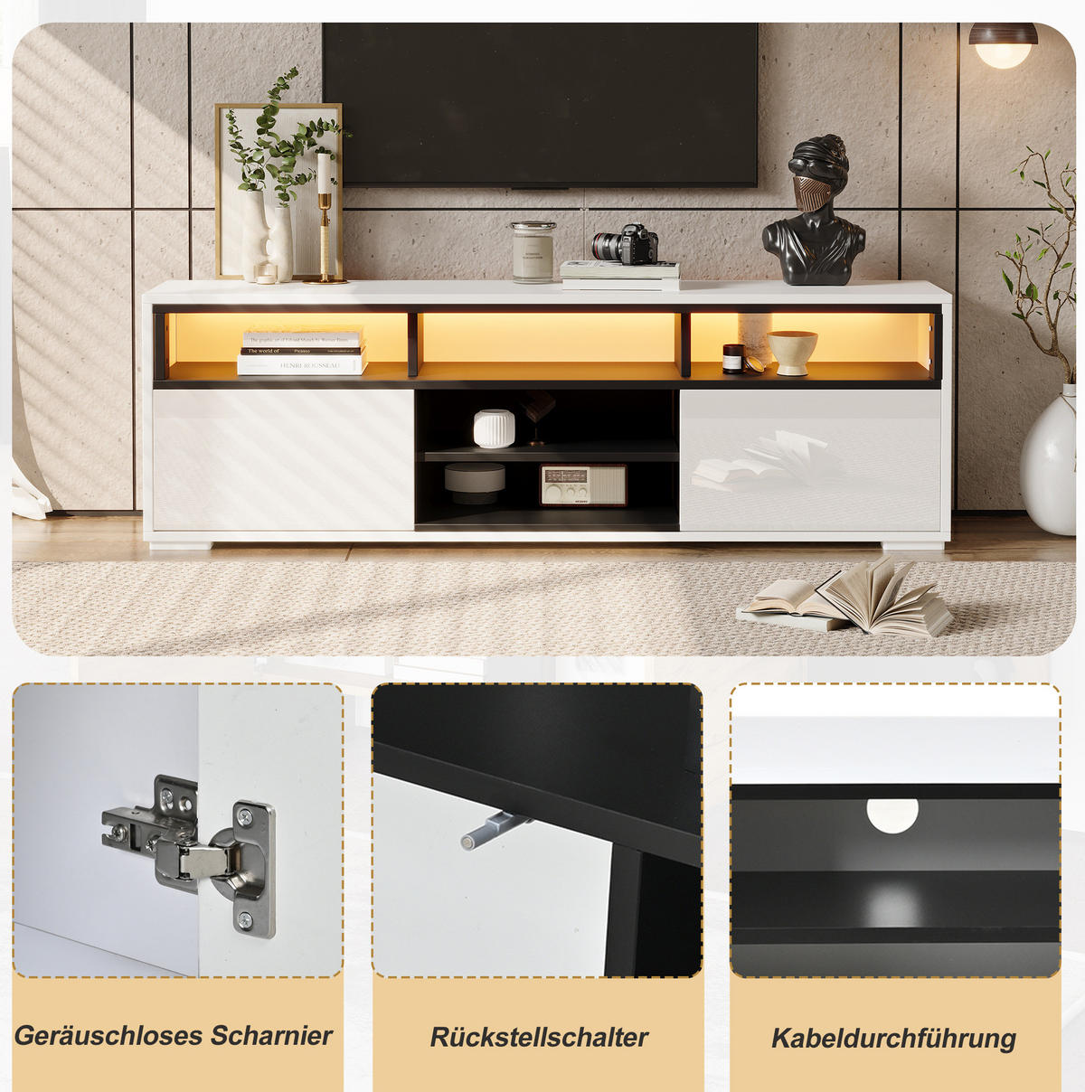 TV-LOWBOARD 150/35/50 cm weiß aus Spanplatte mit LED und Stauraum - Weiß, Holzwerkstoff (150/50/35cm) - OKWISH
