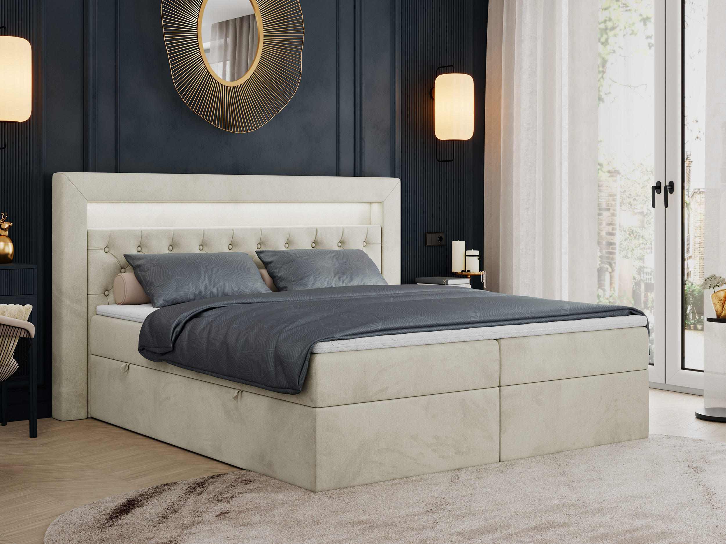 BOXBETT GOLD-6 LED 120/200 Beige Velvet - H3 - Beige, Holz/Textil (120/200cm) - MKS