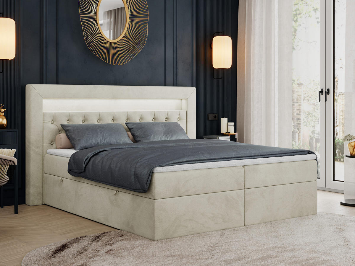 BOXBETT GOLD-6 LED 160/200 Beige Velvet - H4 - Beige, Holz/Textil (160/200cm) - MKS