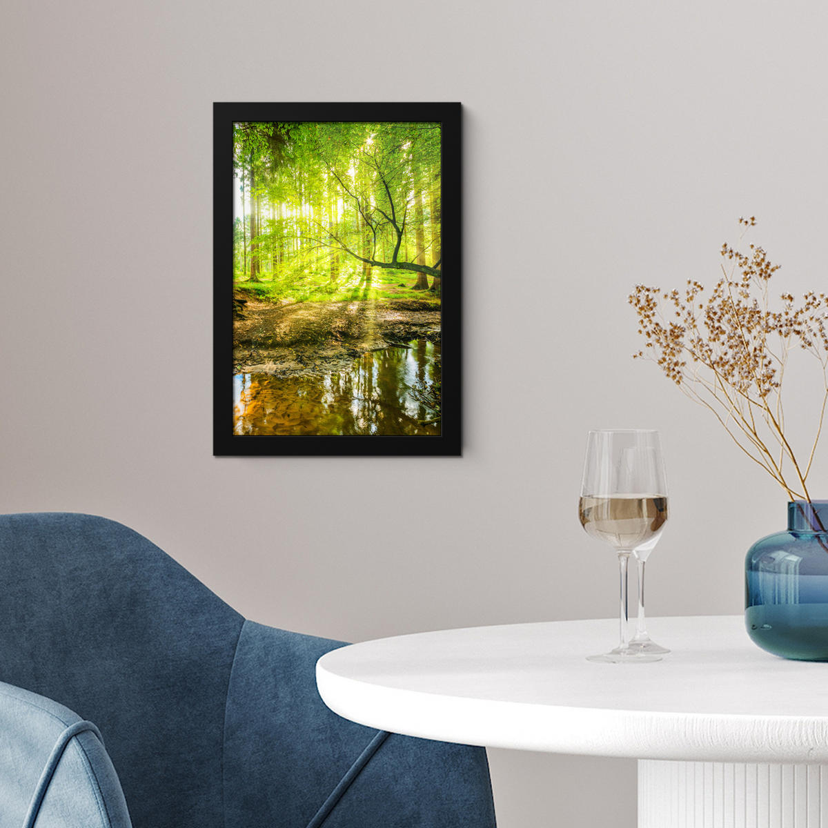 GERAHMTES BILD Wald - Landschaft - Wasser - Bäume - Sonne - Grün - Natur 20x30 cm - Grün, Papier (20/30cm) - MuchoWow