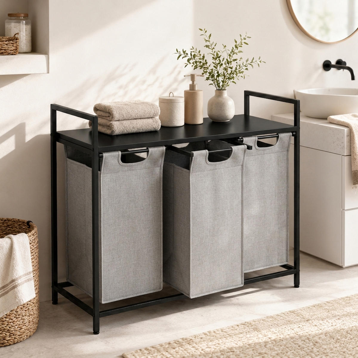 COȘ de rufe negru gri 3-compartimente cu poliță - gri, material textil/compozit lemnos (92.5/73/33cm) - Relaxdays