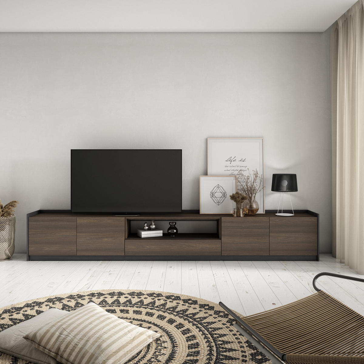 TV-SCHRANK, Lowboard, Dunkler Eiche und Schwarz, 310/37/50cm - Dunkelbraun, Holzwerkstoff (310/50/37cm) - Skraut Home