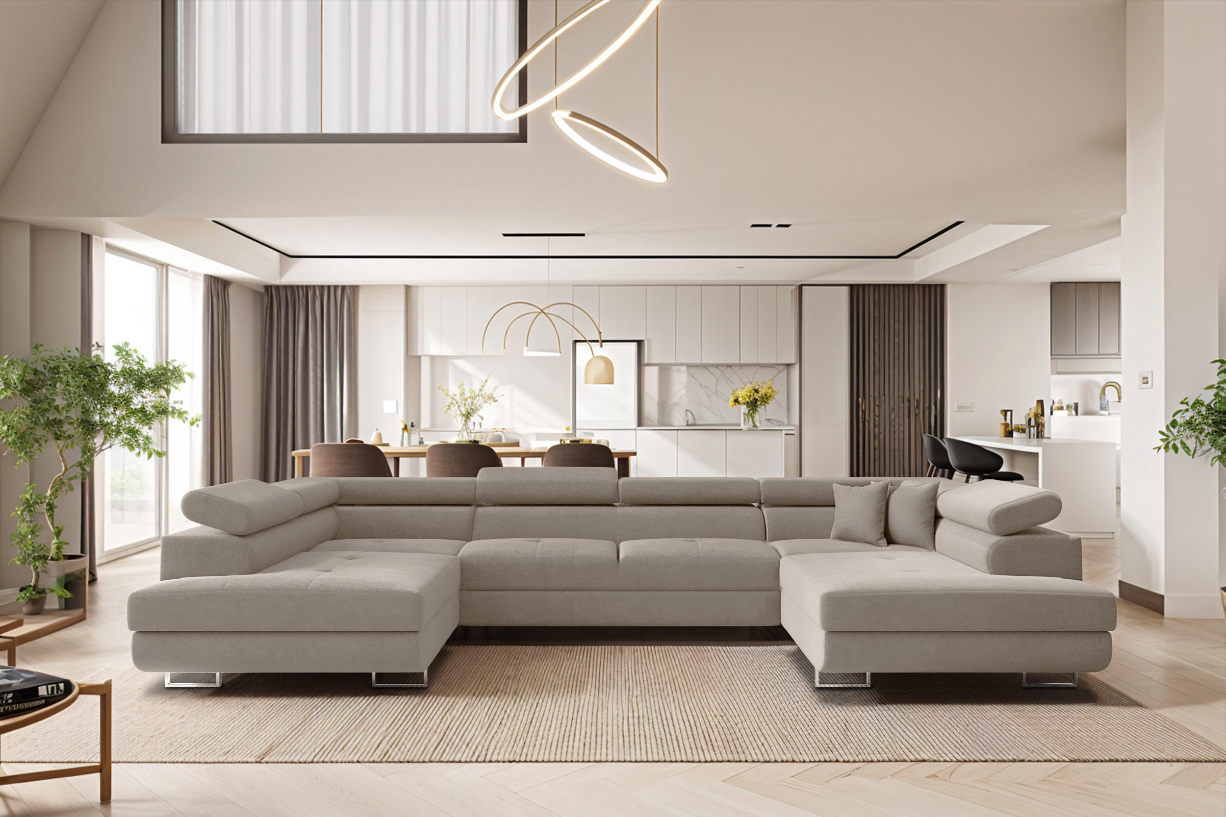 ECKSOFA Falio U-förmiges mit Schlaffunktion und Kopfstützen Velours KaltesBeige - Cappuccino, Holz/Textil (202/345cm) - Kaiser Möbel