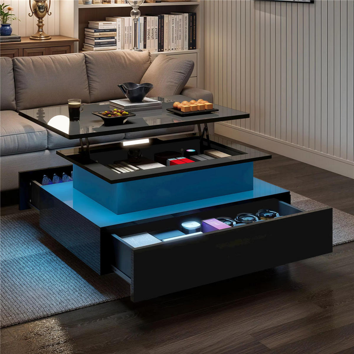 COUCHTISCH Lift-Top LED Beleuchtung 2 Schubladen Schwarz modern - Schwarz, Holz (55/85/56cm) - Kaket