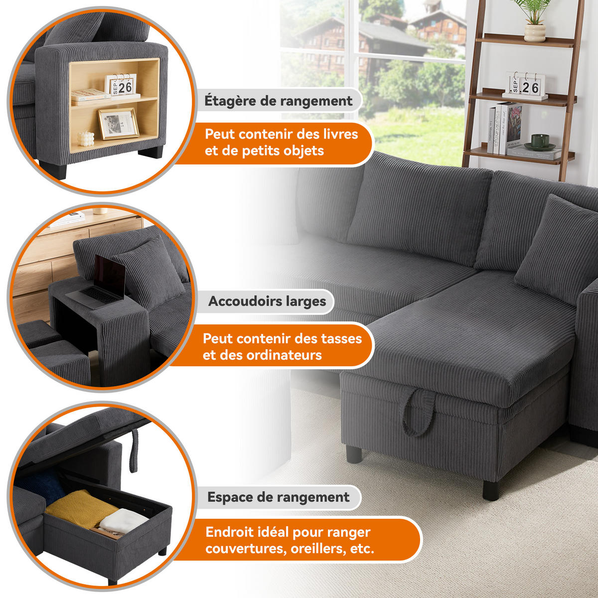 SCHLAFSOFA L-Form mit USB, Kissen und Seitenablagen - Grau, Textil (231/84/131.5cm)