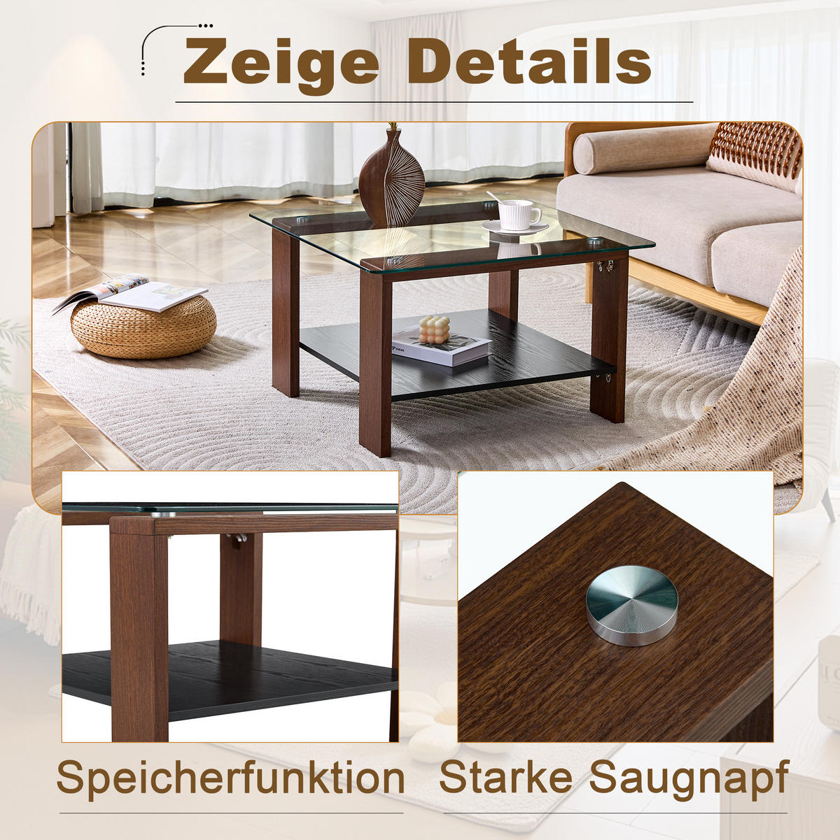 COUCHTISCH 75/75/45,5 cm walnussfarben aus MDF und Glas mit Ablage - Walnussfarben, Holzwerkstoff (75/75/45.5cm) - OKWISH